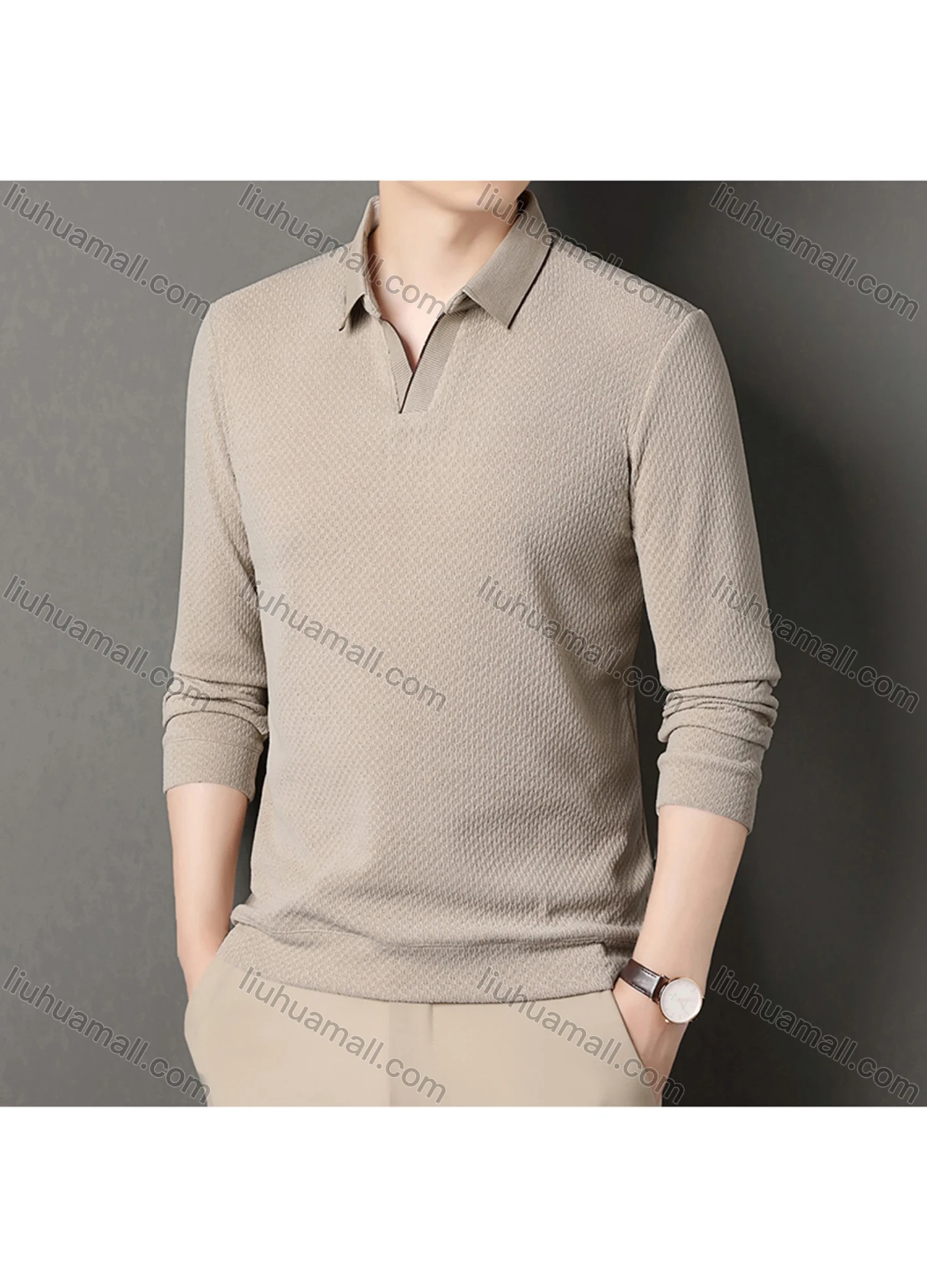 Wholesale Men's Casual Plain Collared Long Sleeve Henley Shirt D-67# - Liuhuamall