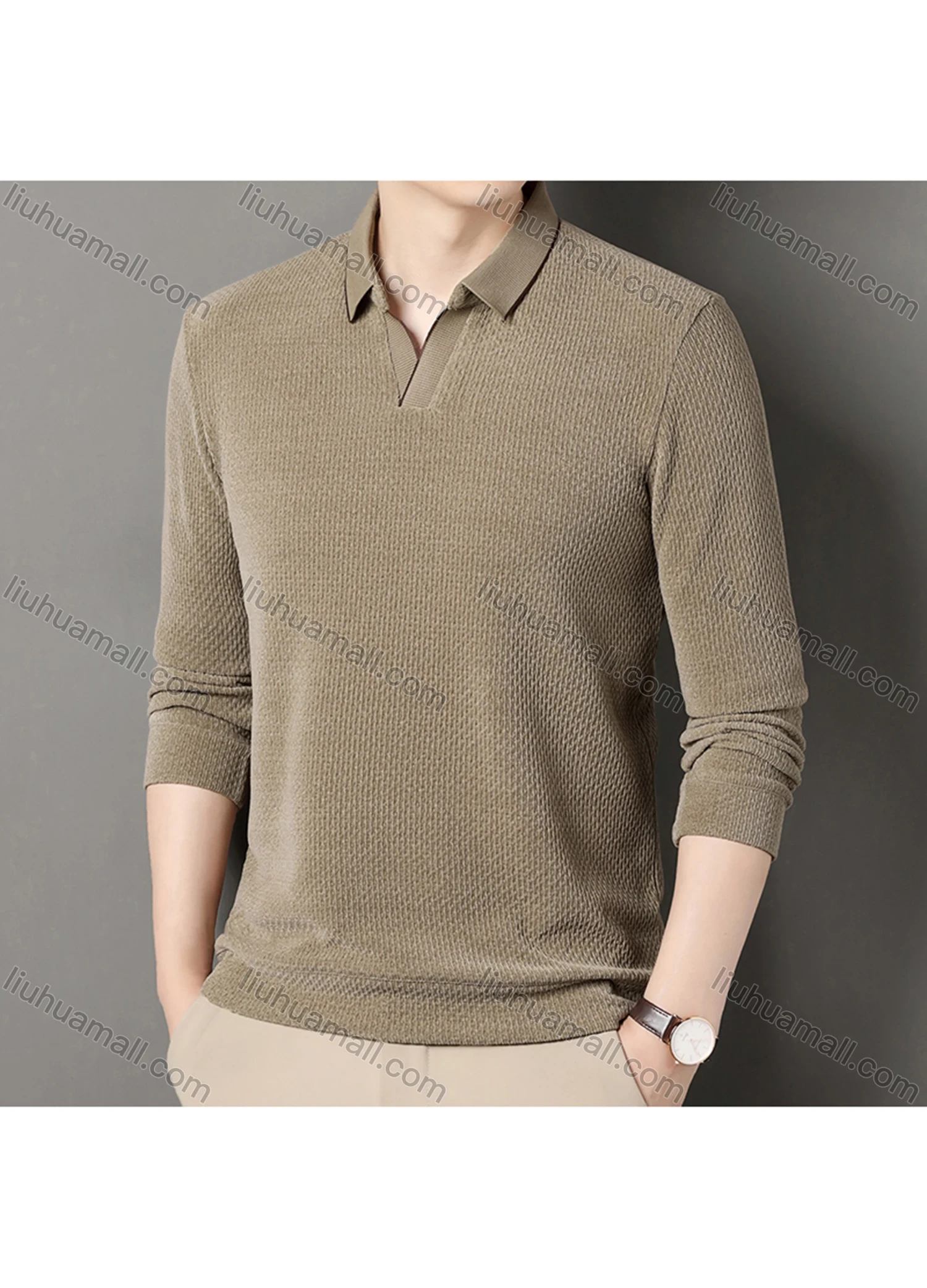 Wholesale Men's Casual Plain Collared Long Sleeve Henley Shirt D-67# - Liuhuamall