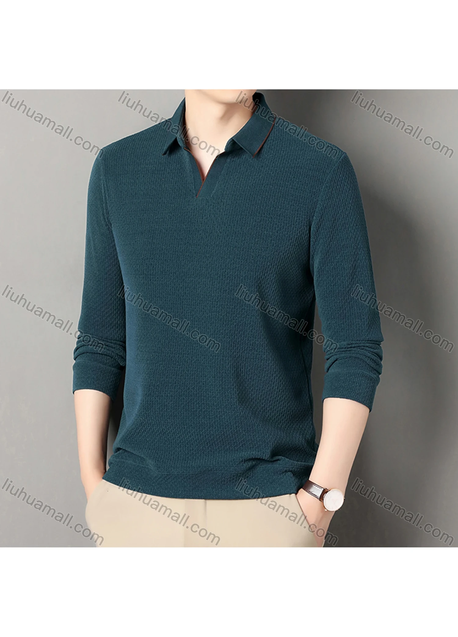 Wholesale Men's Casual Plain Collared Long Sleeve Henley Shirt D-67# - Liuhuamall
