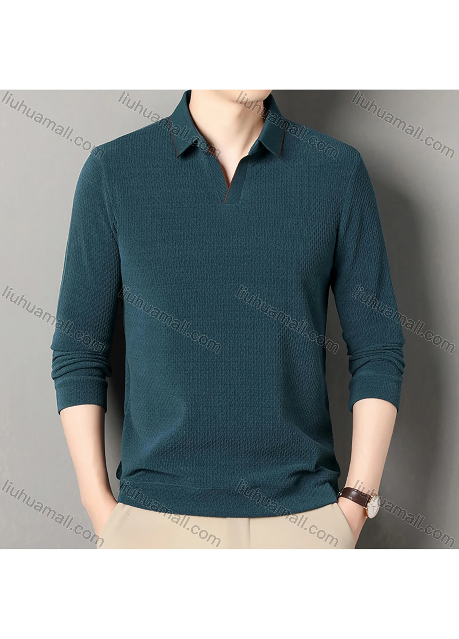 Wholesale Men's Casual Plain Collared Long Sleeve Henley Shirt D-67# - Liuhuamall