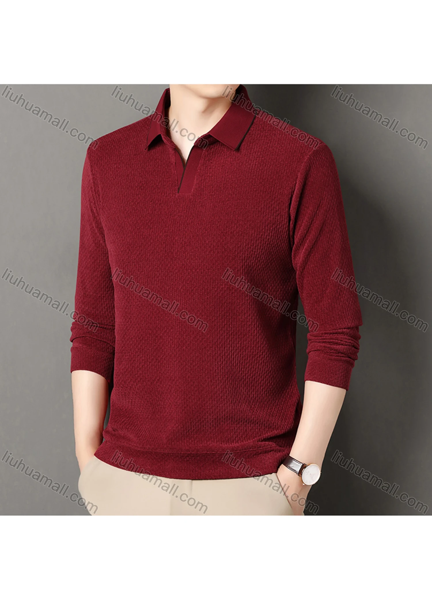 Wholesale Men's Casual Plain Collared Long Sleeve Henley Shirt D-67# - Liuhuamall