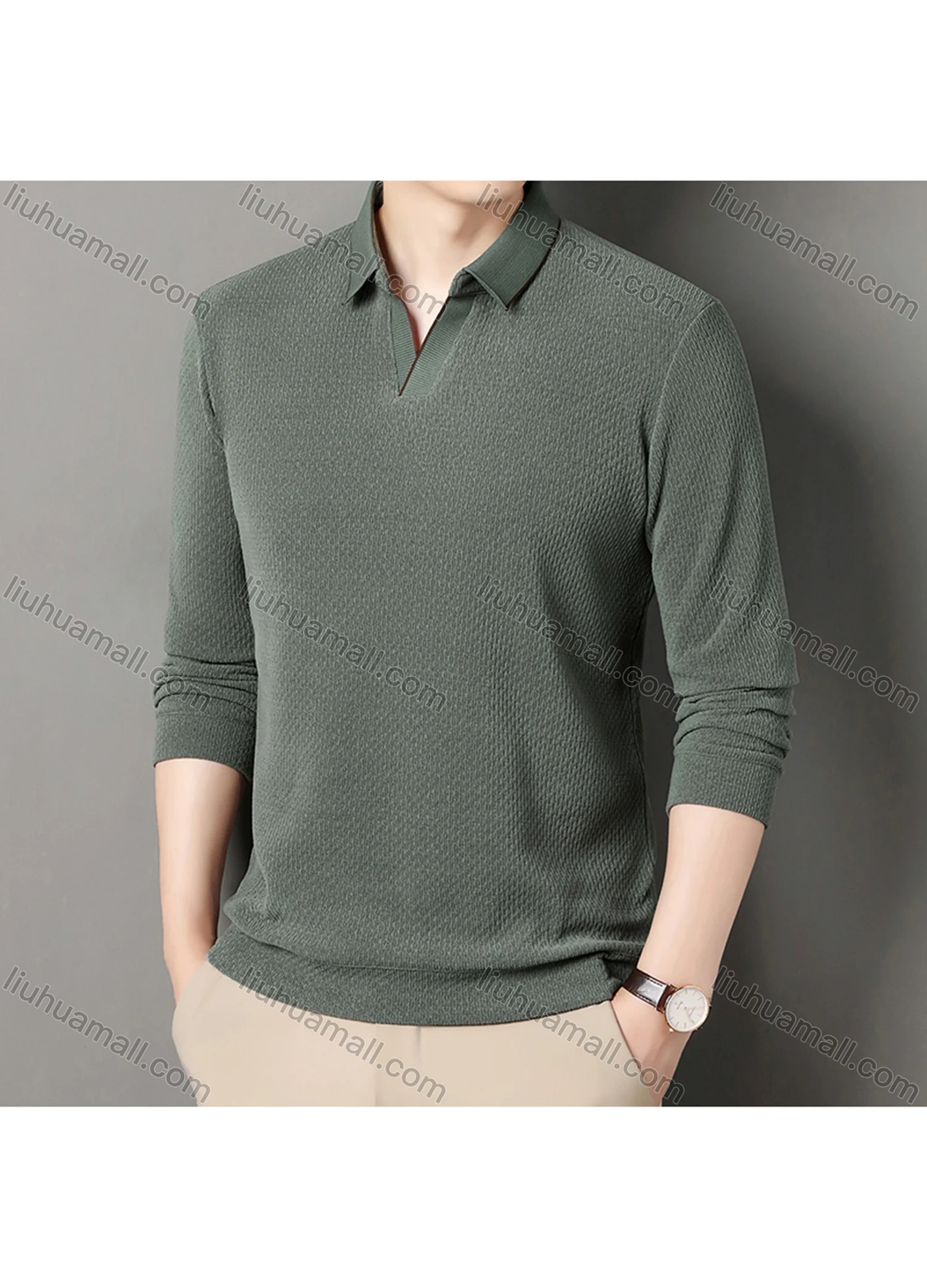 Wholesale Men's Casual Plain Collared Long Sleeve Henley Shirt D-67# - Liuhuamall
