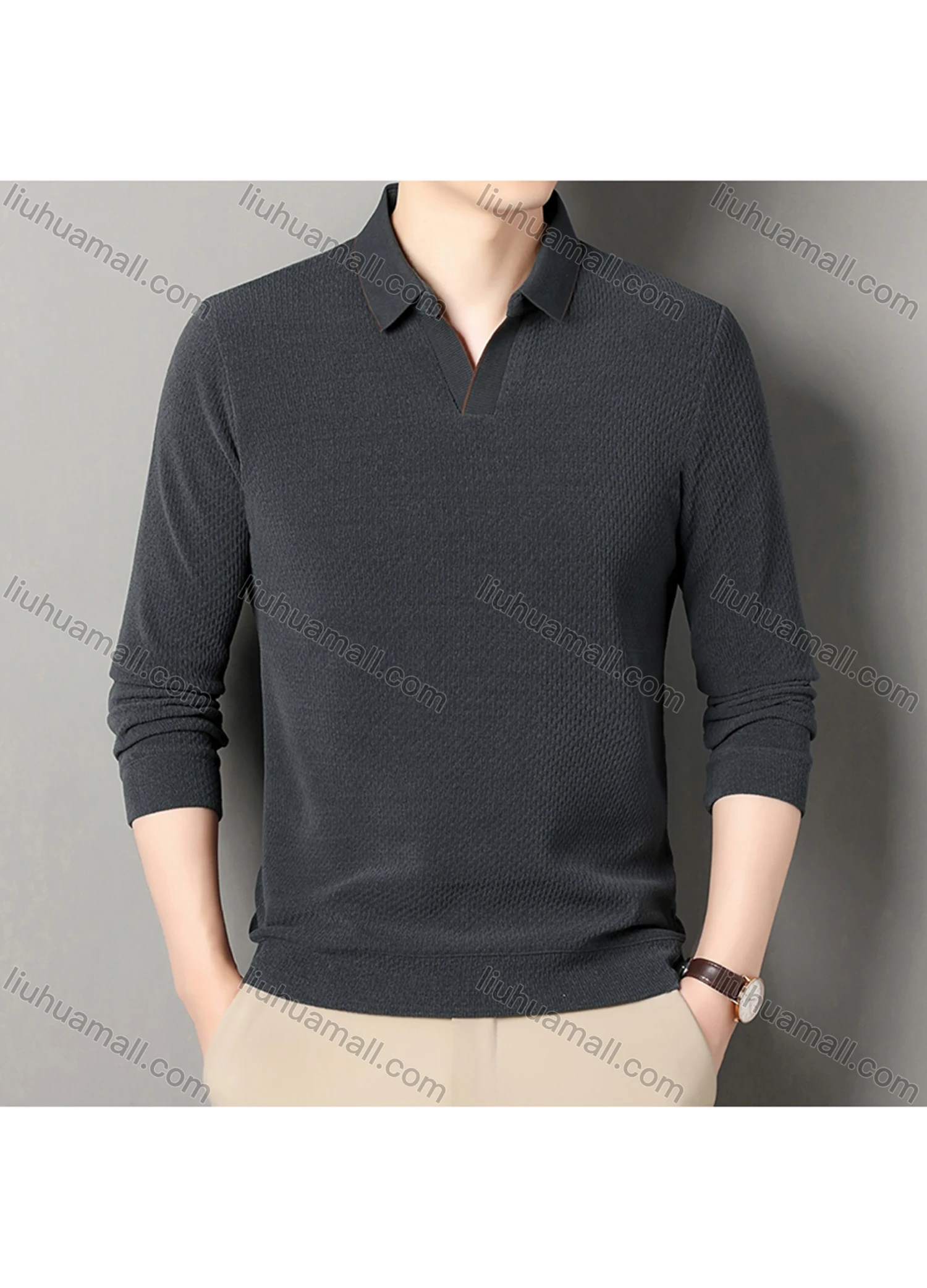 Wholesale Men's Casual Plain Collared Long Sleeve Henley Shirt D-67# - Liuhuamall