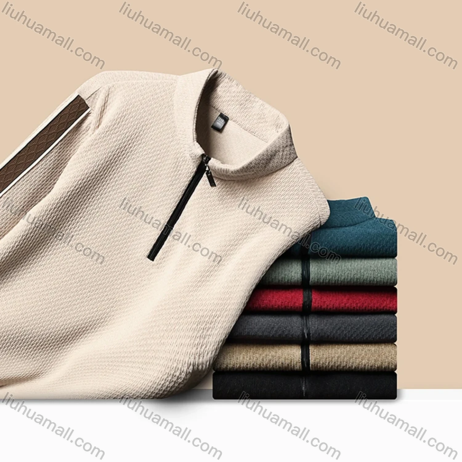 Wholesale Men's Casual Plain Stand Collar Quarter Zip Long Sleeve Henley Shirt D-68# - Liuhuamall