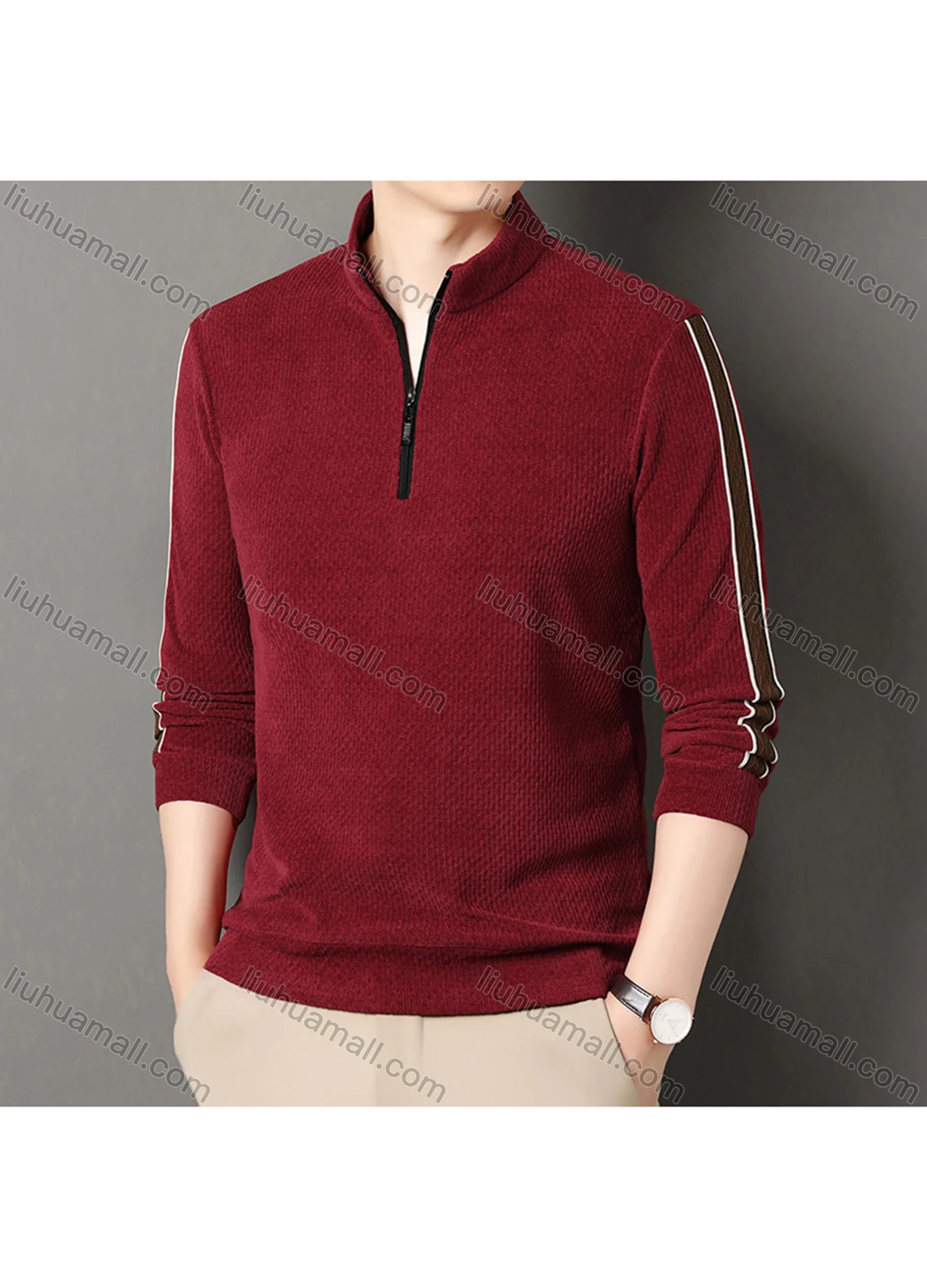 Wholesale Men's Casual Plain Stand Collar Quarter Zip Long Sleeve Henley Shirt D-68# - Liuhuamall