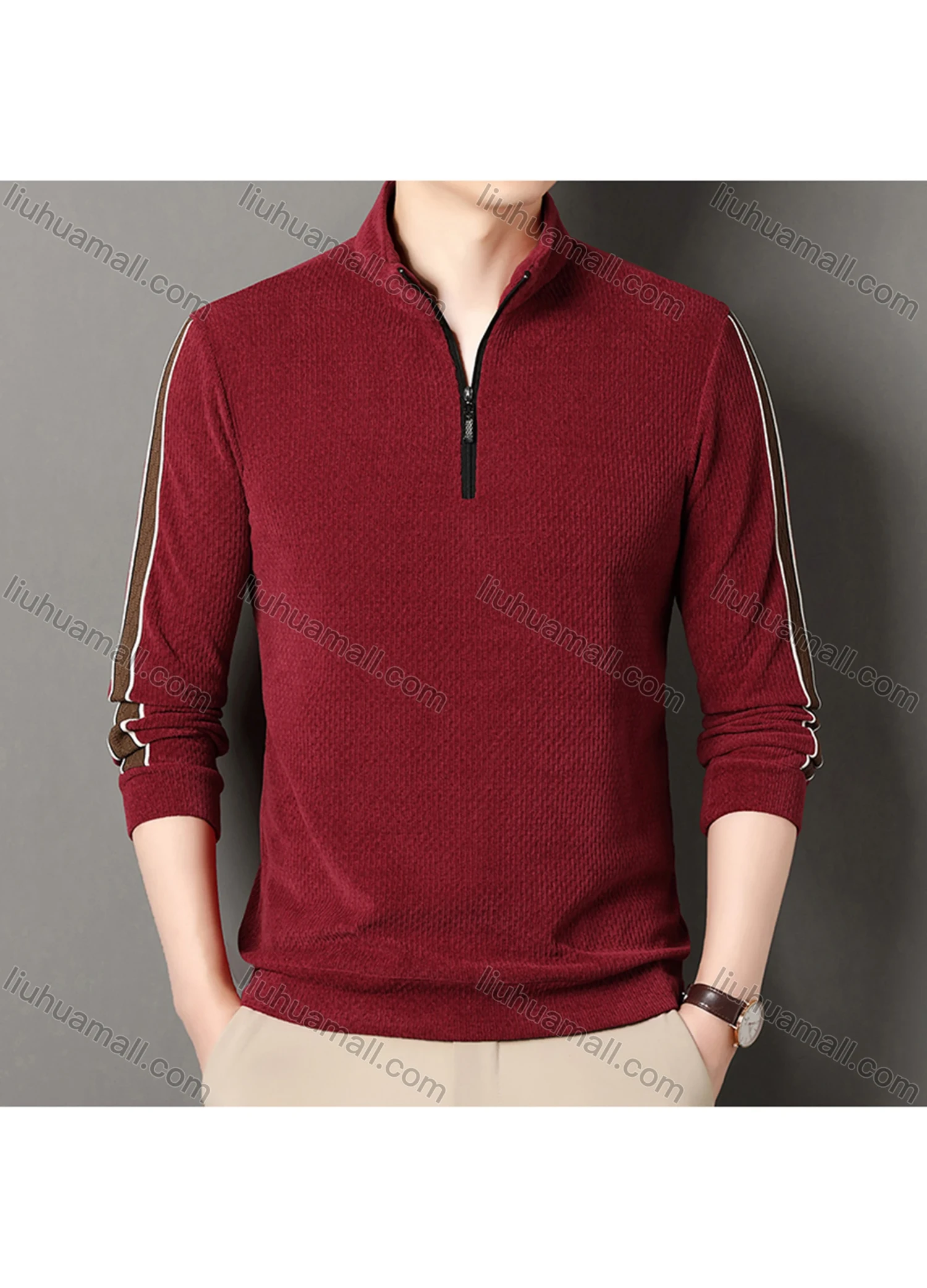 Wholesale Men's Casual Plain Stand Collar Quarter Zip Long Sleeve Henley Shirt D-68# - Liuhuamall