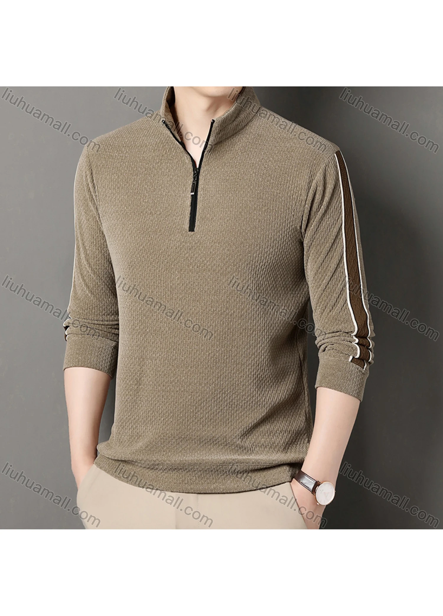 Wholesale Men's Casual Plain Stand Collar Quarter Zip Long Sleeve Henley Shirt D-68# - Liuhuamall