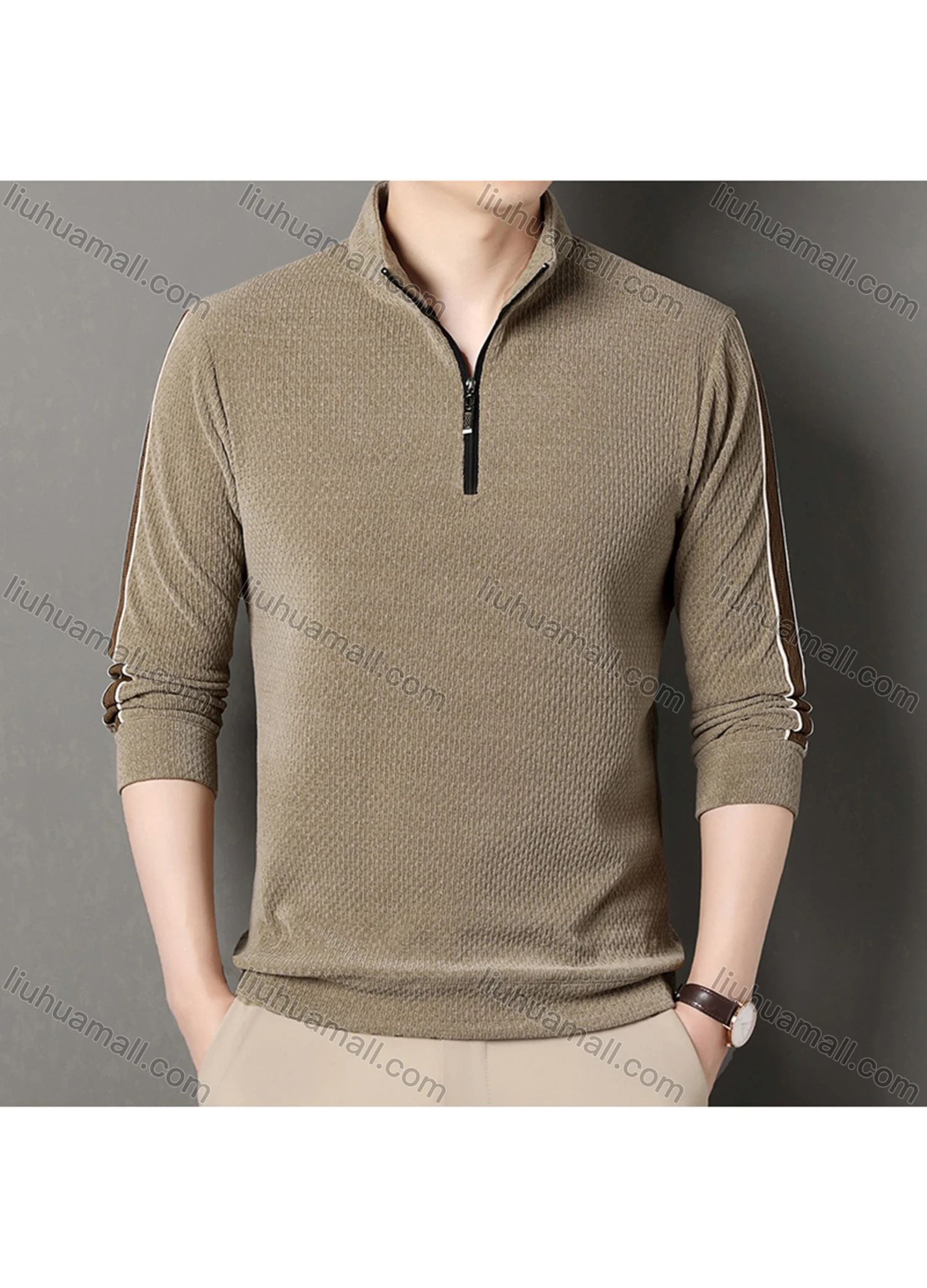 Wholesale Men's Casual Plain Stand Collar Quarter Zip Long Sleeve Henley Shirt D-68# - Liuhuamall