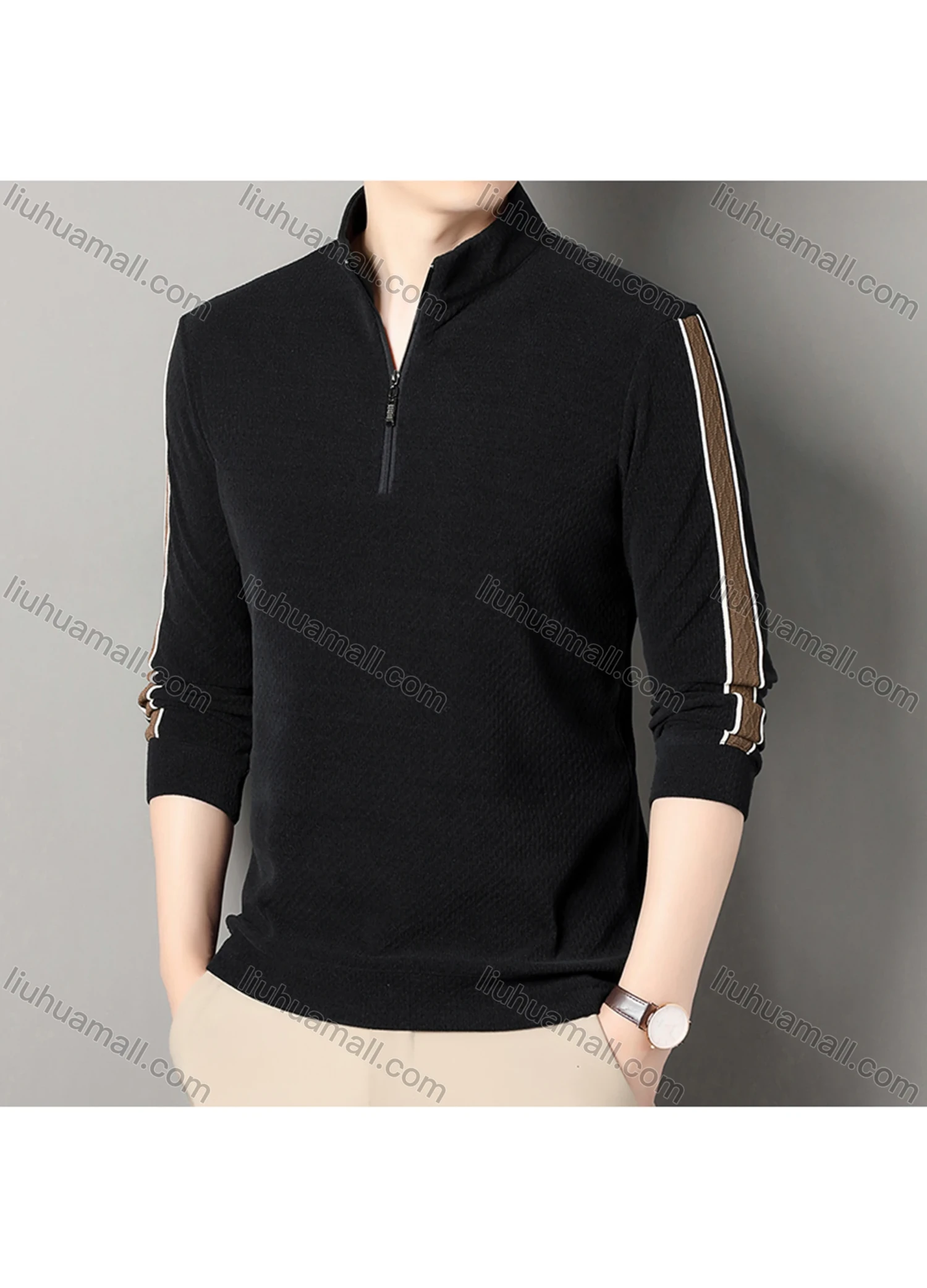 Wholesale Men's Casual Plain Stand Collar Quarter Zip Long Sleeve Henley Shirt D-68# - Liuhuamall