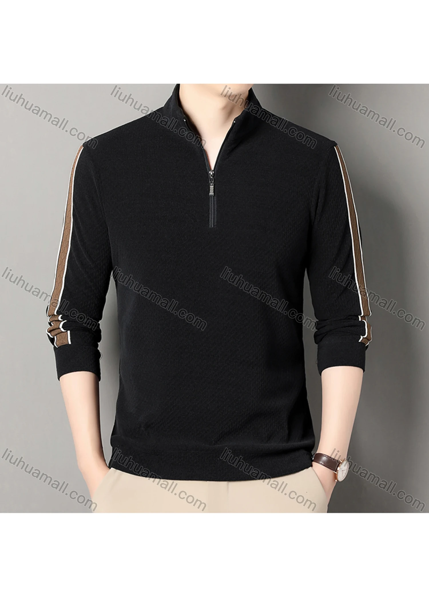 Wholesale Men's Casual Plain Stand Collar Quarter Zip Long Sleeve Henley Shirt D-68# - Liuhuamall