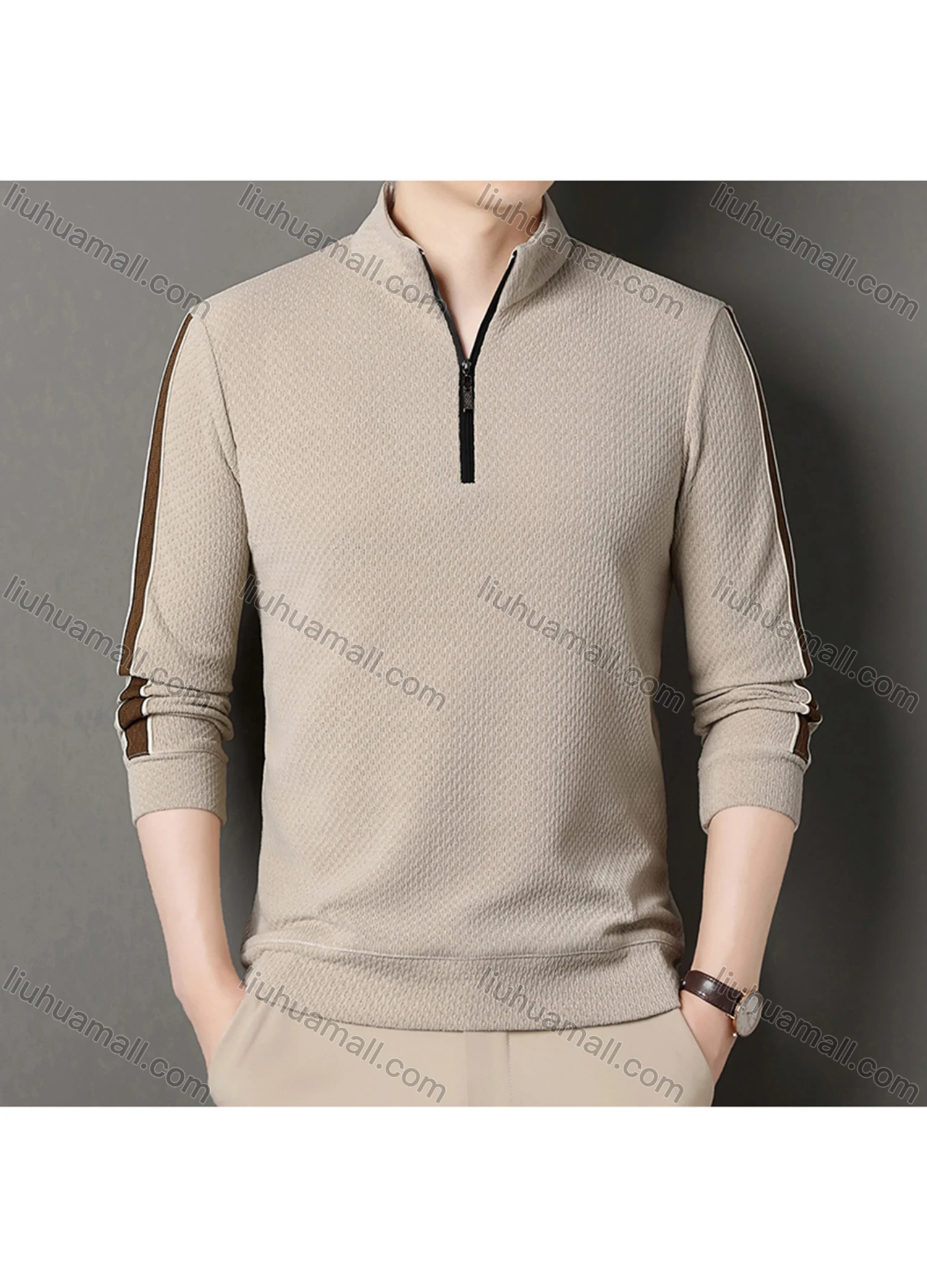 Wholesale Men's Casual Plain Stand Collar Quarter Zip Long Sleeve Henley Shirt D-68# - Liuhuamall