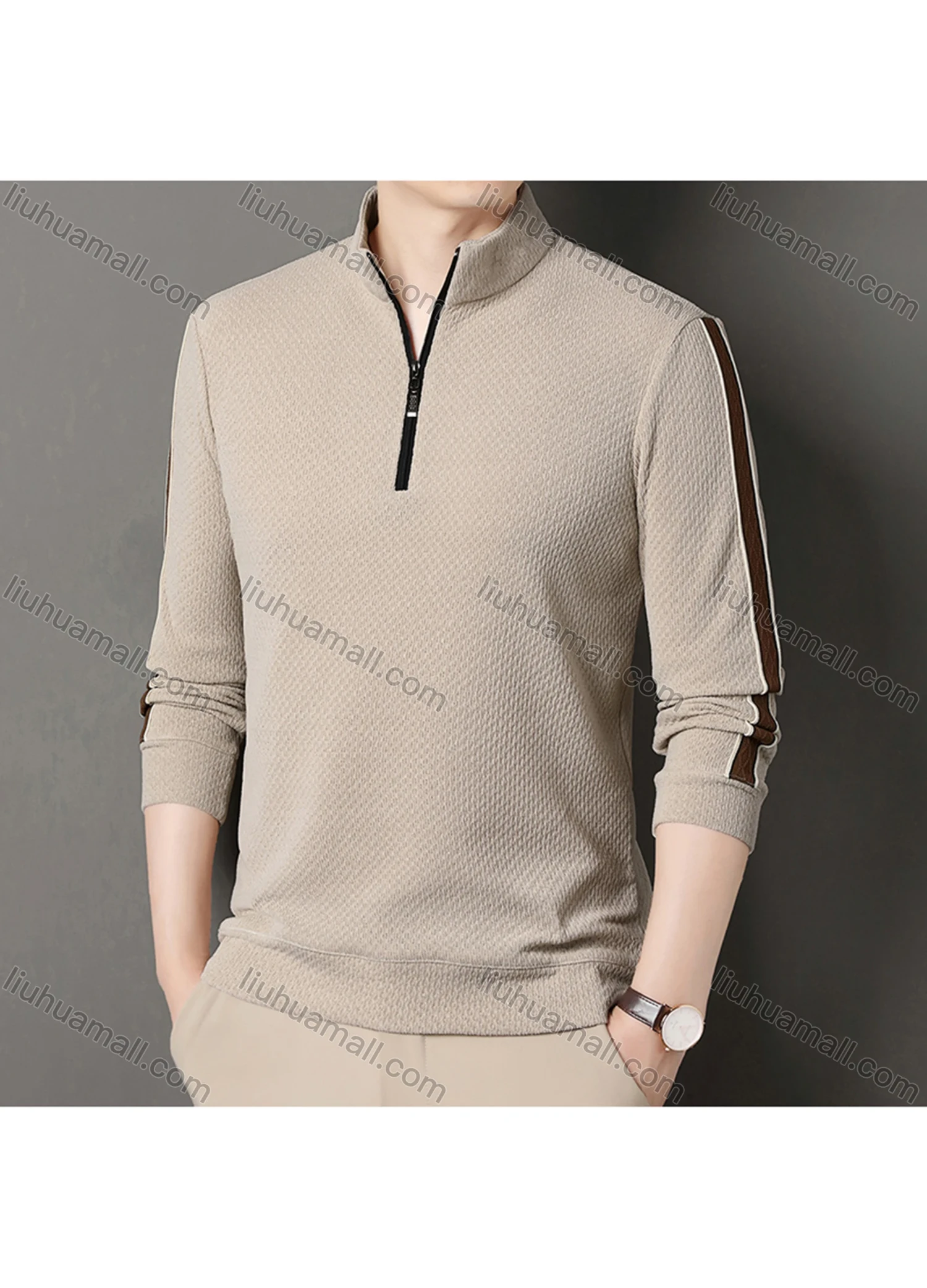 Wholesale Men's Casual Plain Stand Collar Quarter Zip Long Sleeve Henley Shirt D-68# - Liuhuamall
