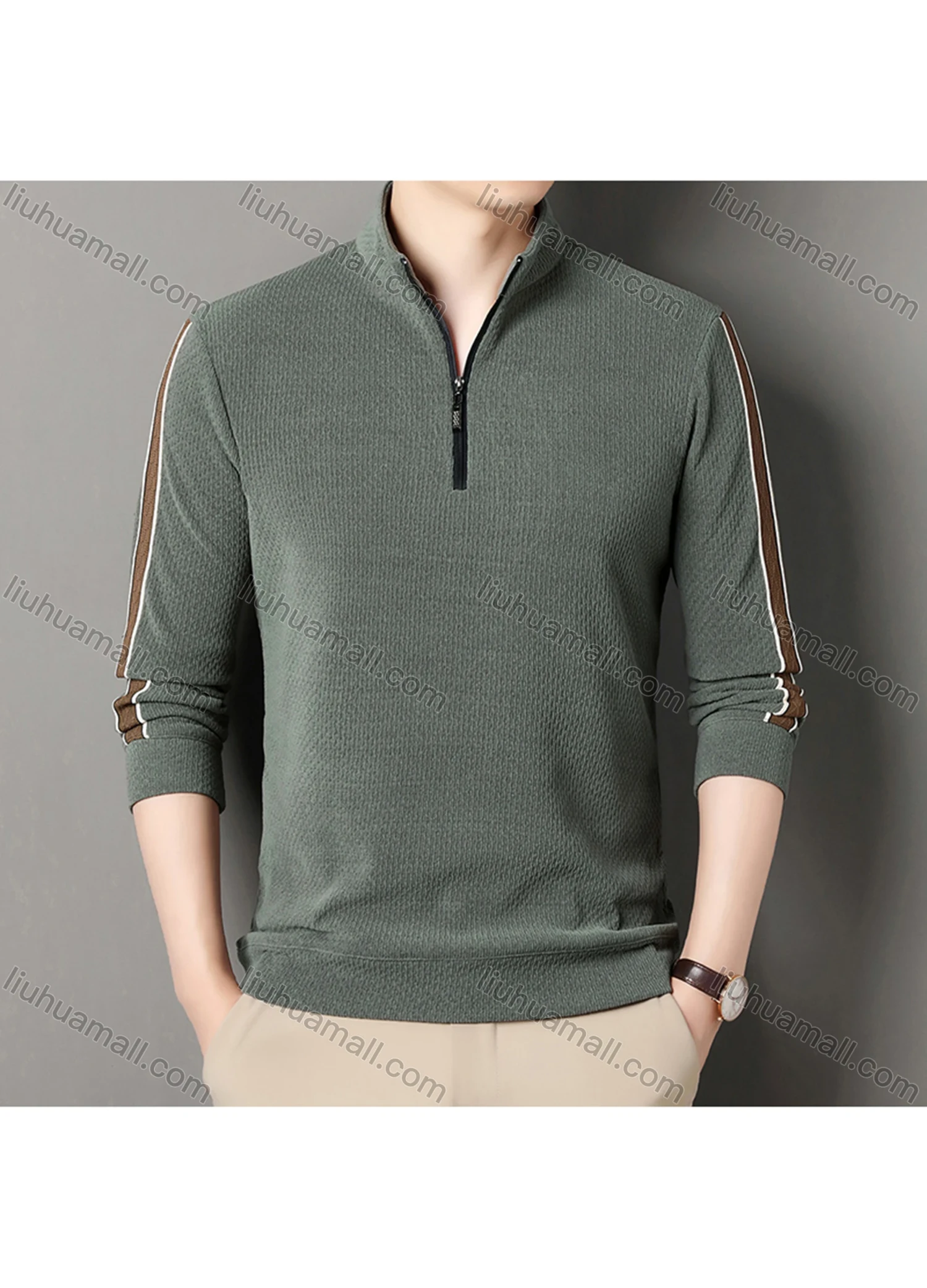 Wholesale Men's Casual Plain Stand Collar Quarter Zip Long Sleeve Henley Shirt D-68# - Liuhuamall