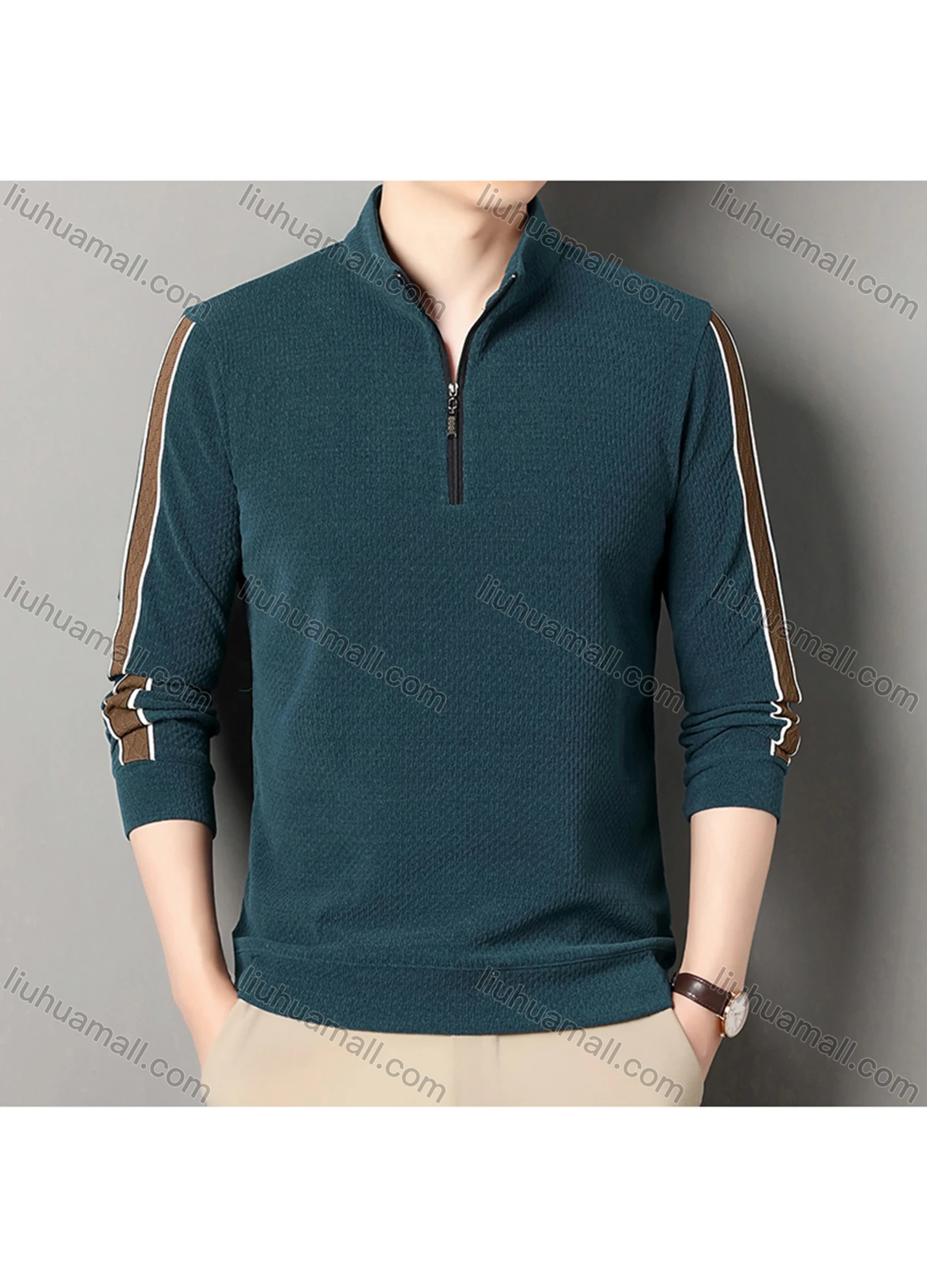 Wholesale Men's Casual Plain Stand Collar Quarter Zip Long Sleeve Henley Shirt D-68# - Liuhuamall