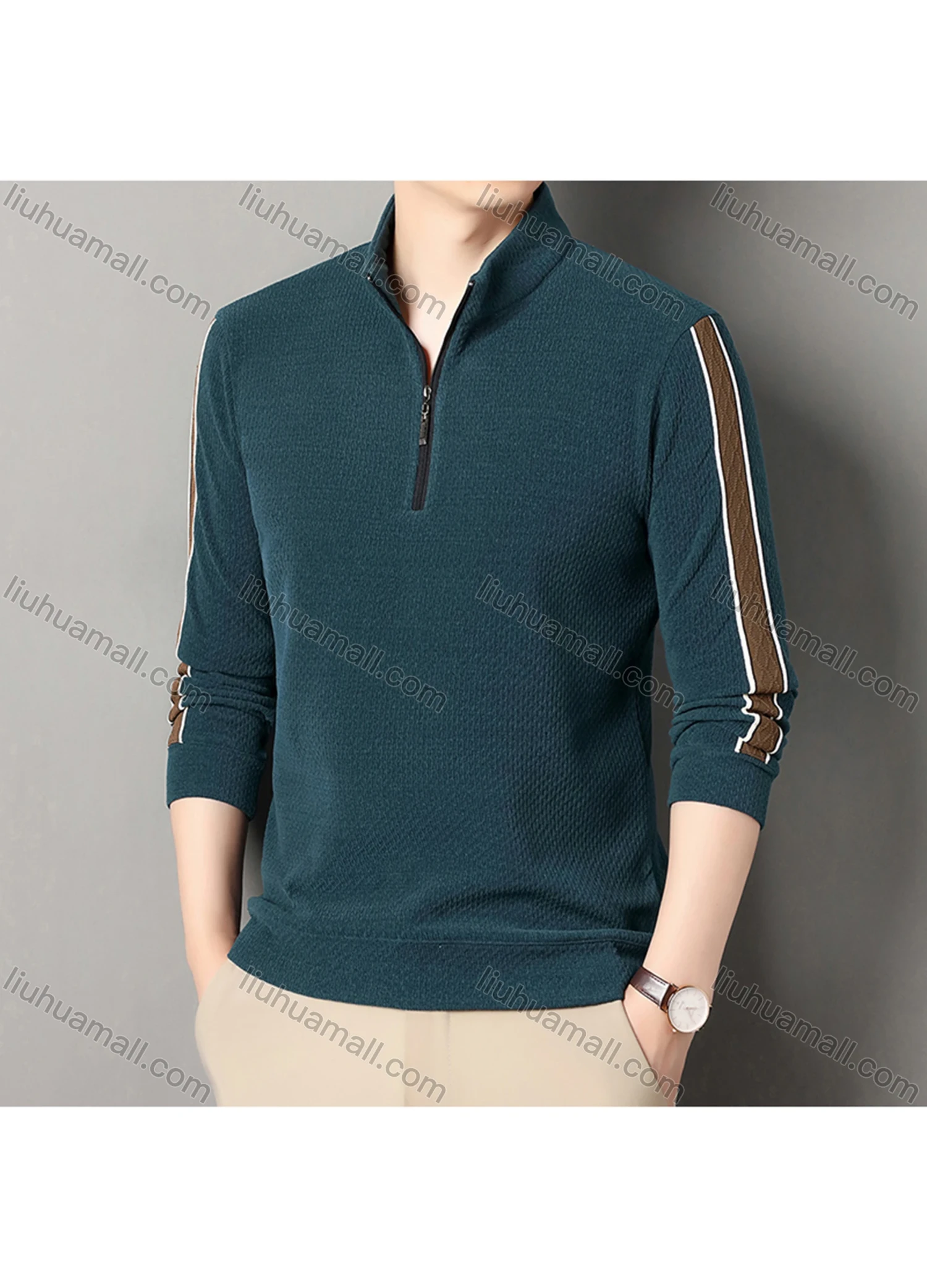 Wholesale Men's Casual Plain Stand Collar Quarter Zip Long Sleeve Henley Shirt D-68# - Liuhuamall