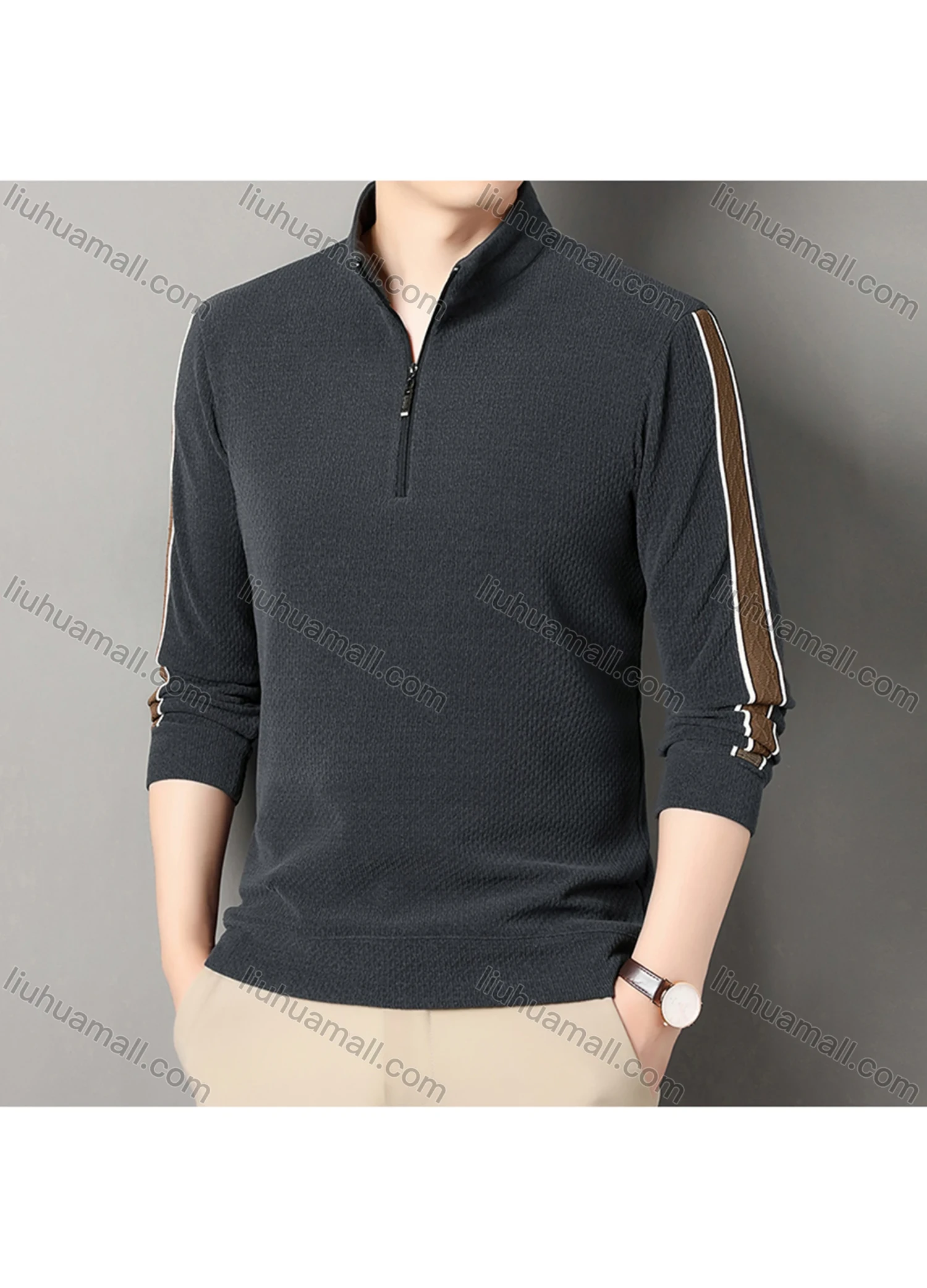 Wholesale Men's Casual Plain Stand Collar Quarter Zip Long Sleeve Henley Shirt D-68# - Liuhuamall