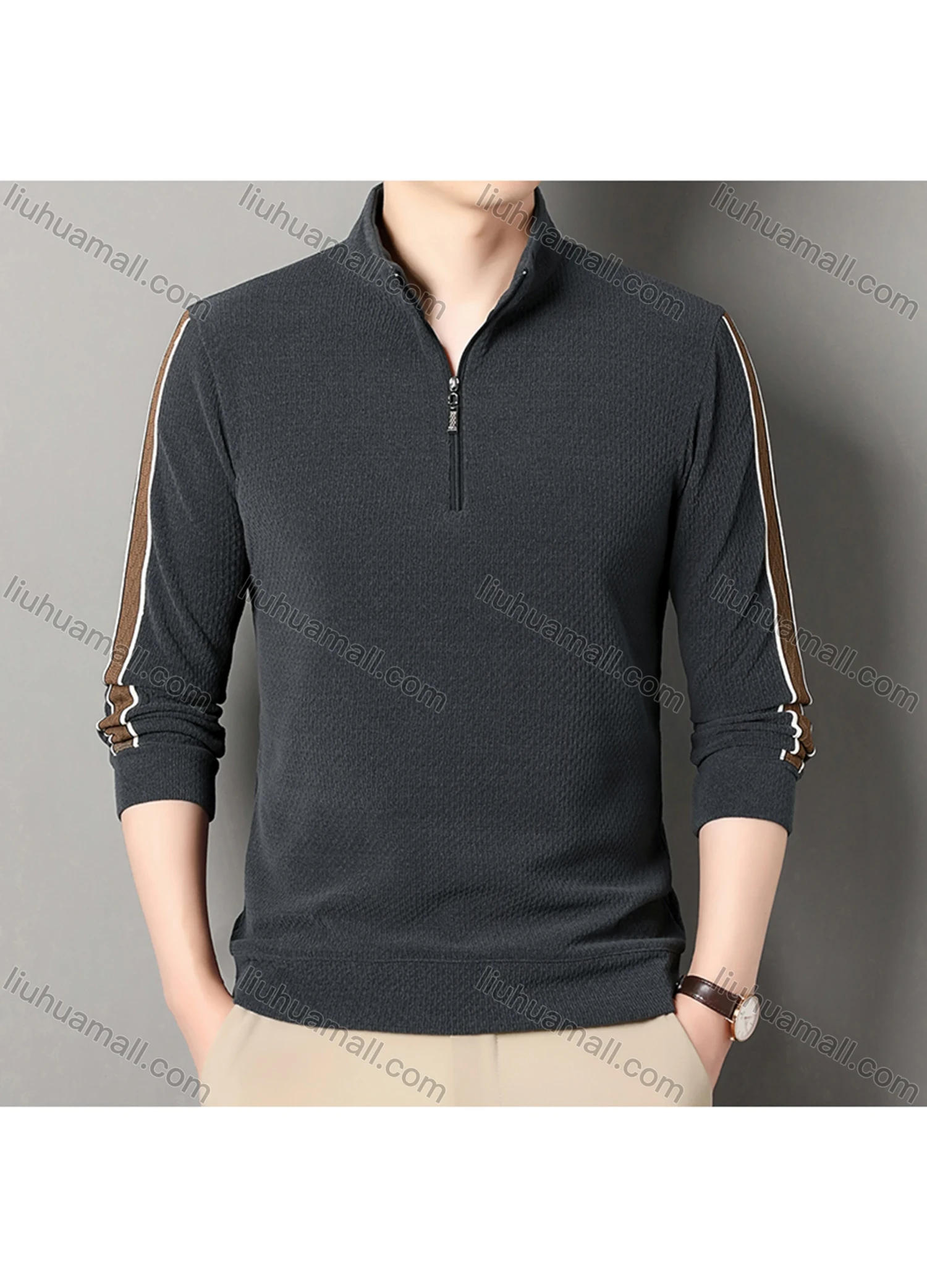 Wholesale Men's Casual Plain Stand Collar Quarter Zip Long Sleeve Henley Shirt D-68# - Liuhuamall