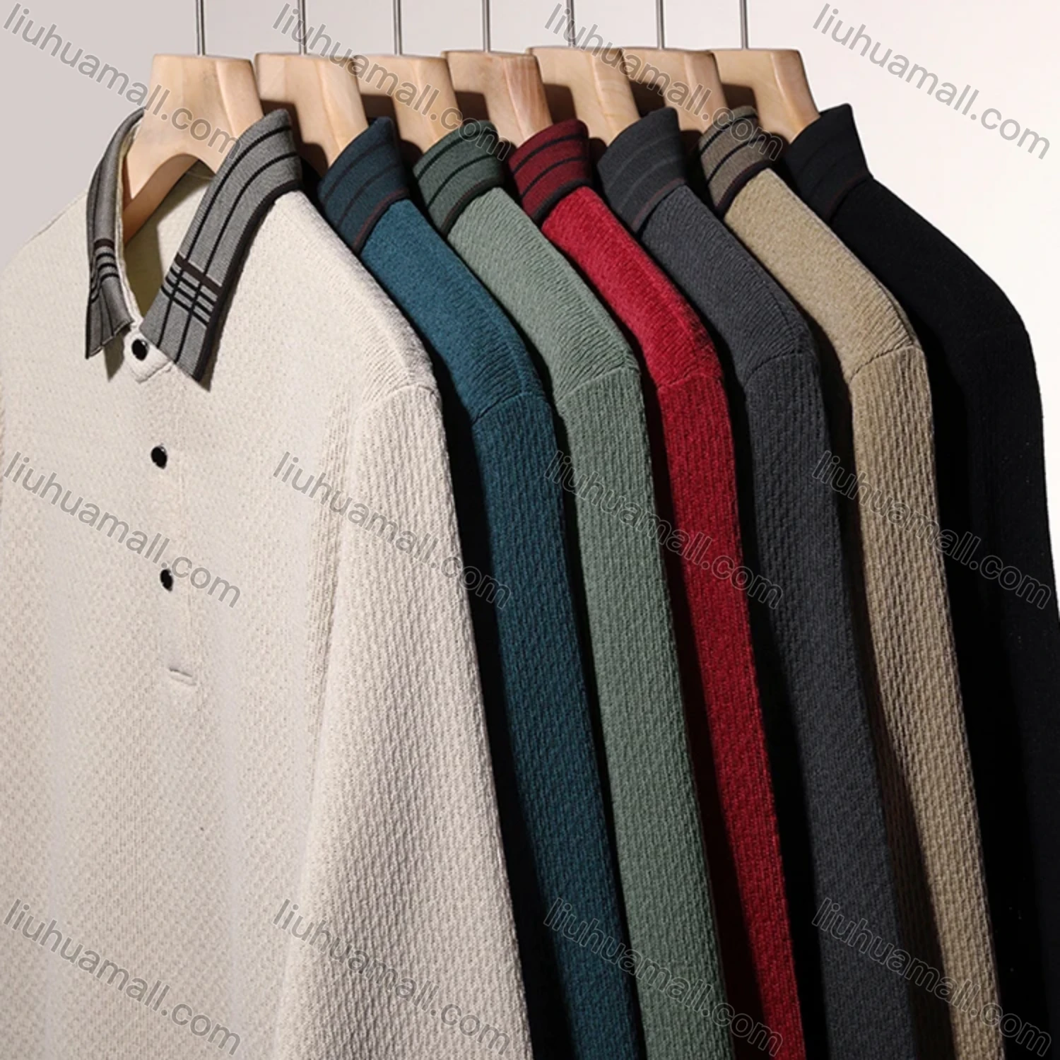 Wholesale Men's Casual Plain Splicing Plaid Button Front Long Sleeve Polo Shirt D-69# - Liuhuamall