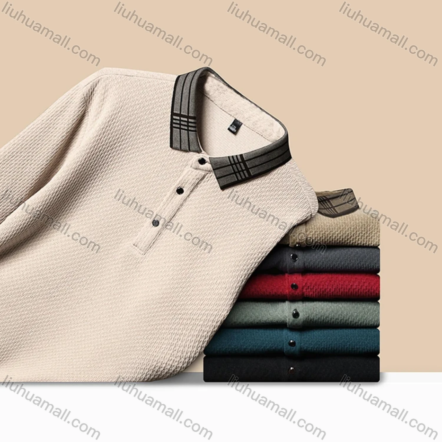 Wholesale Men's Casual Plain Splicing Plaid Button Front Long Sleeve Polo Shirt D-69# - Liuhuamall