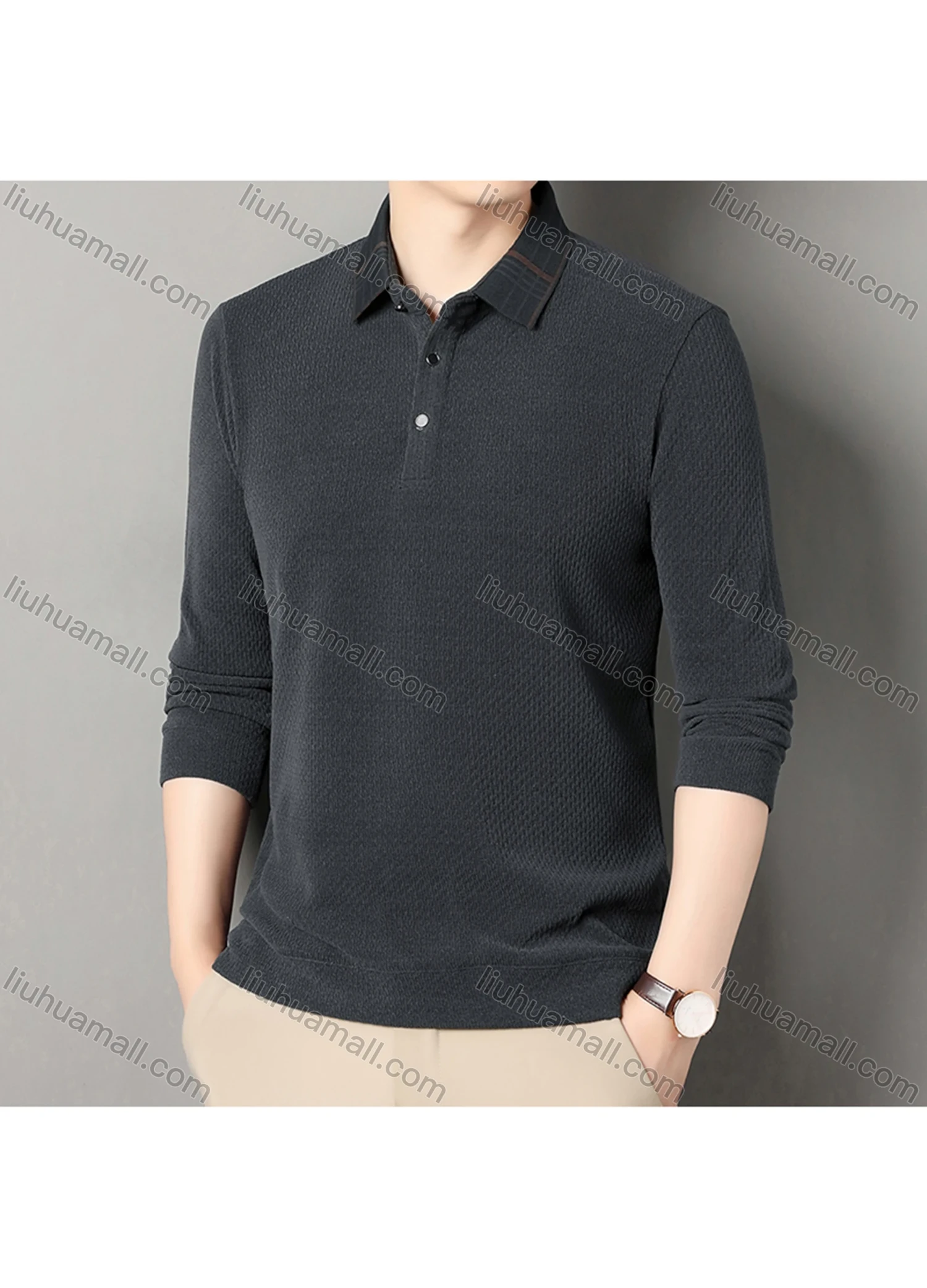 Wholesale Men's Casual Plain Splicing Plaid Button Front Long Sleeve Polo Shirt D-69# - Liuhuamall