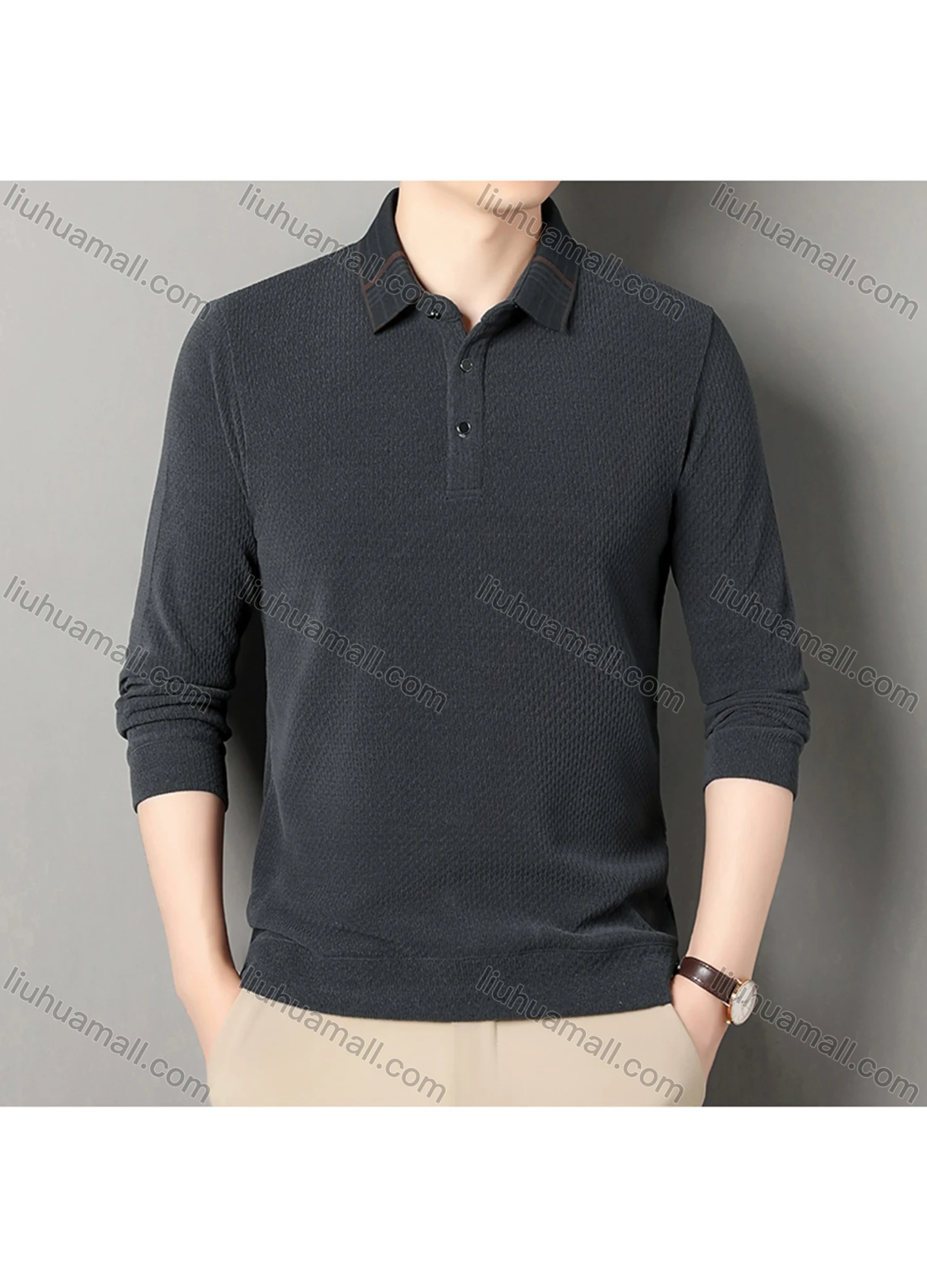 Wholesale Men's Casual Plain Splicing Plaid Button Front Long Sleeve Polo Shirt D-69# - Liuhuamall