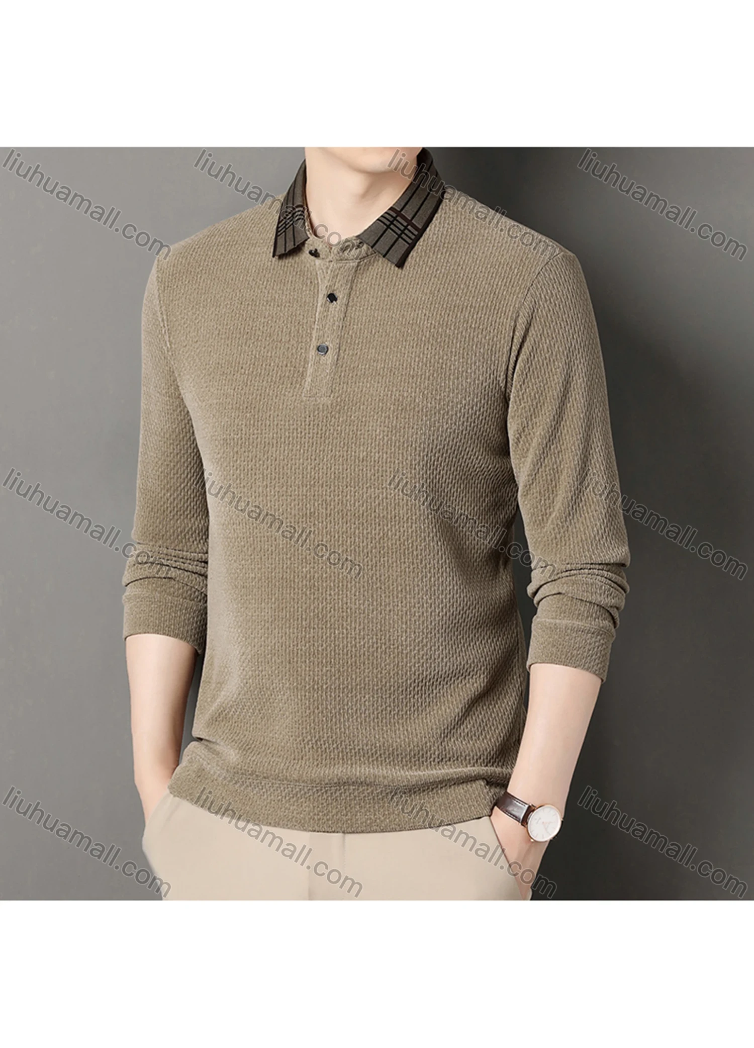Wholesale Men's Casual Plain Splicing Plaid Button Front Long Sleeve Polo Shirt D-69# - Liuhuamall