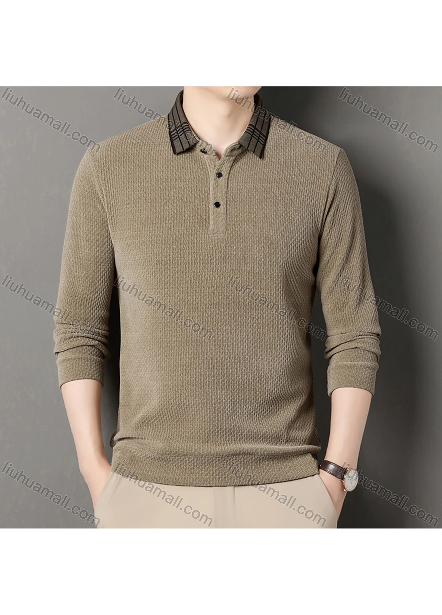 Wholesale Men's Casual Plain Splicing Plaid Button Front Long Sleeve Polo Shirt D-69# - Liuhuamall