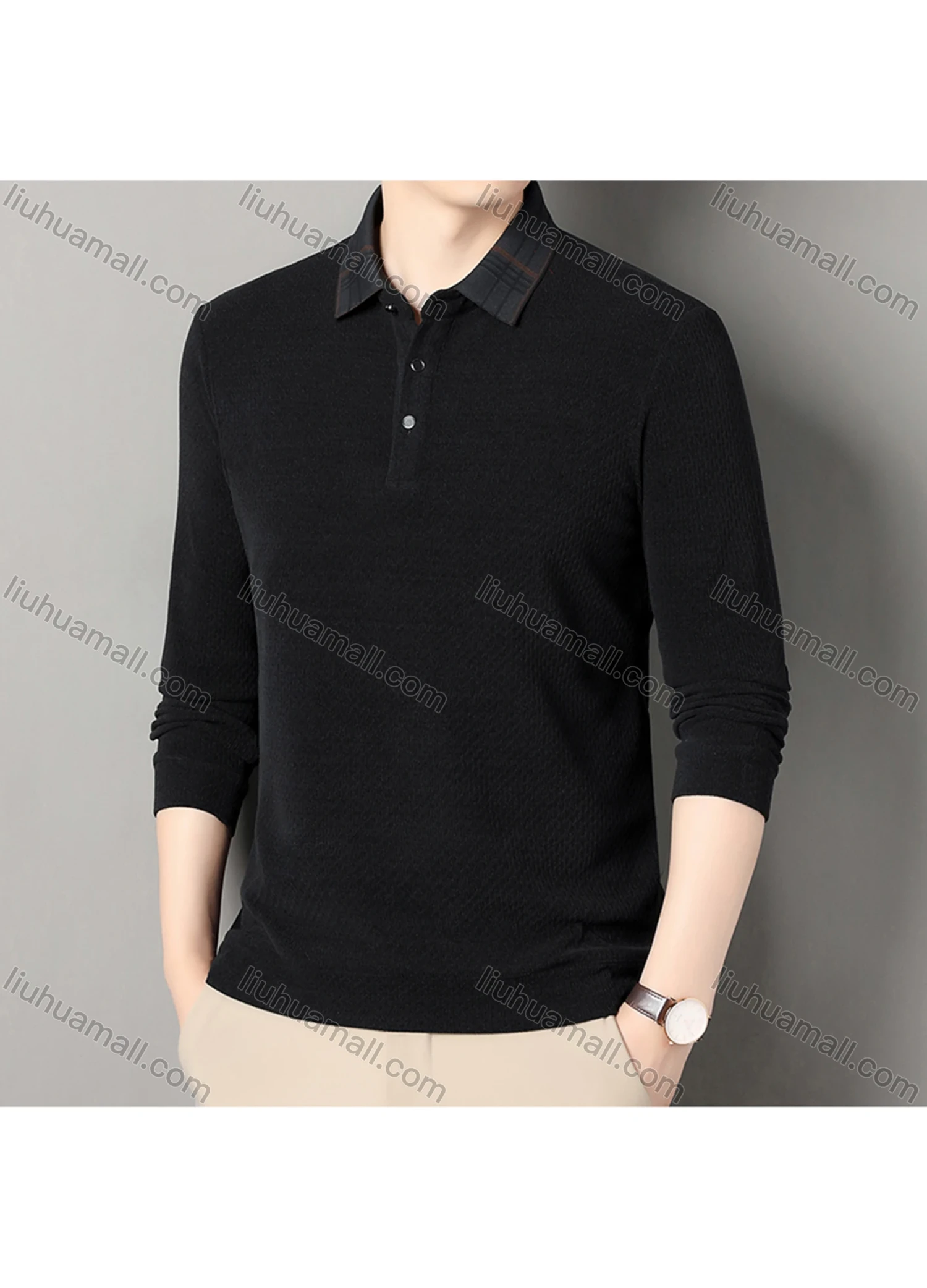 Wholesale Men's Casual Plain Splicing Plaid Button Front Long Sleeve Polo Shirt D-69# - Liuhuamall