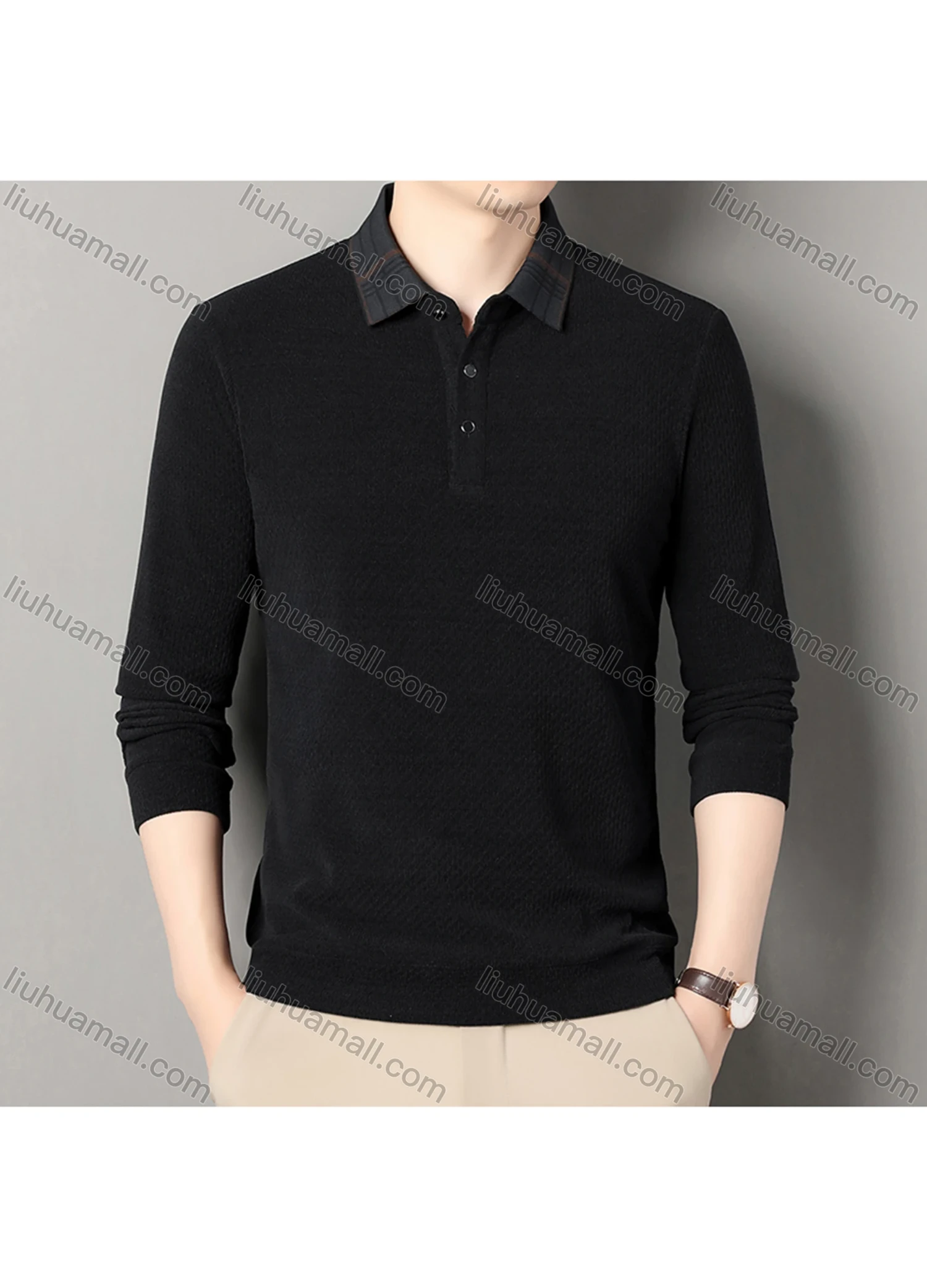 Wholesale Men's Casual Plain Splicing Plaid Button Front Long Sleeve Polo Shirt D-69# - Liuhuamall
