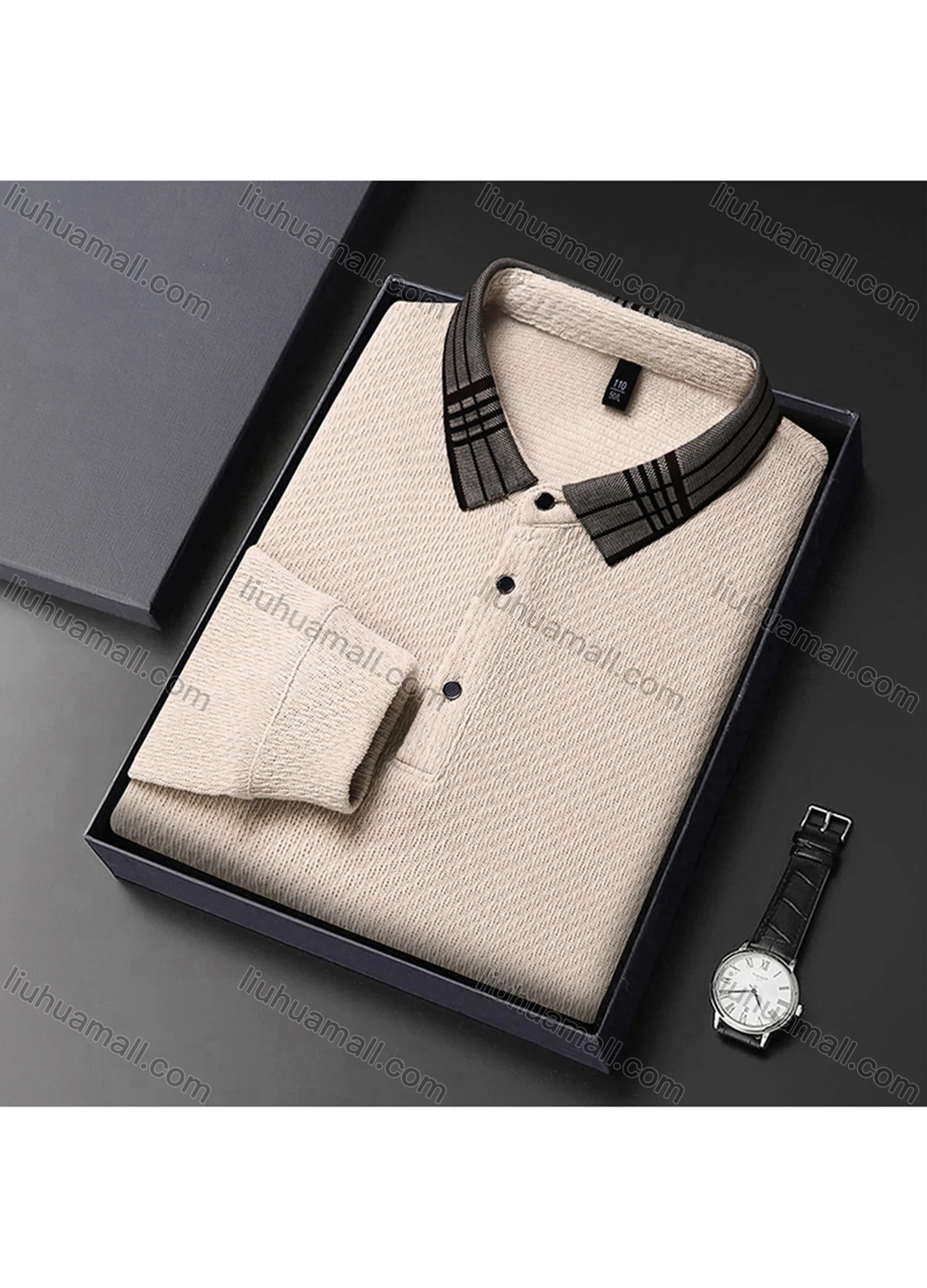 Wholesale Men's Casual Plain Splicing Plaid Button Front Long Sleeve Polo Shirt D-69# - Liuhuamall