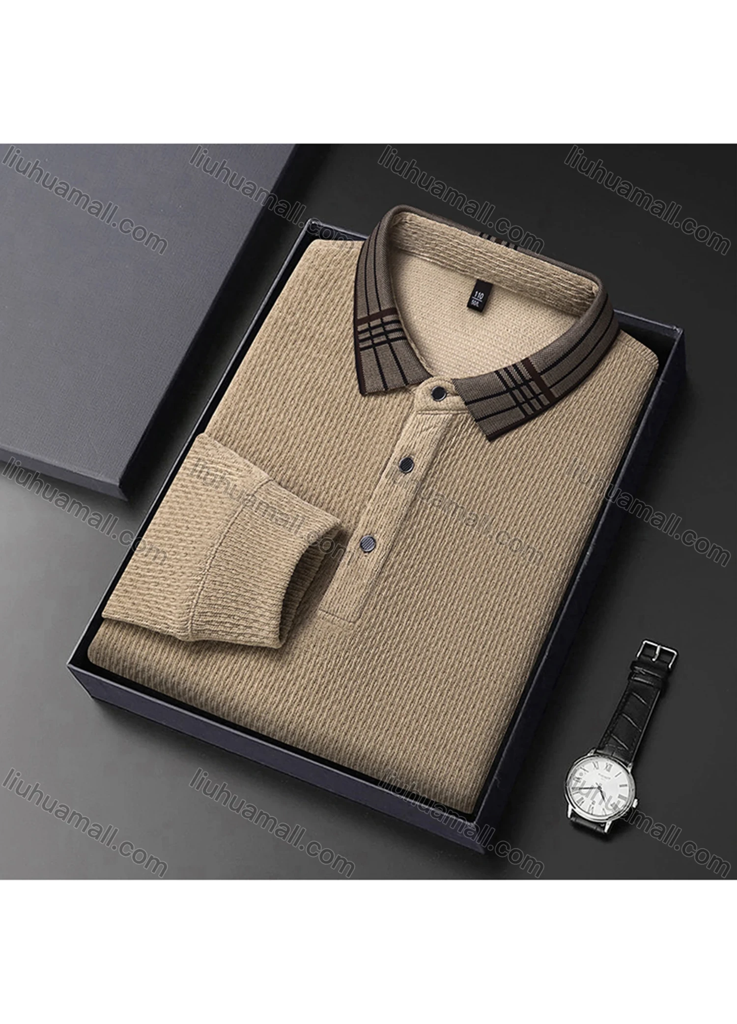 Wholesale Men's Casual Plain Splicing Plaid Button Front Long Sleeve Polo Shirt D-69# - Liuhuamall