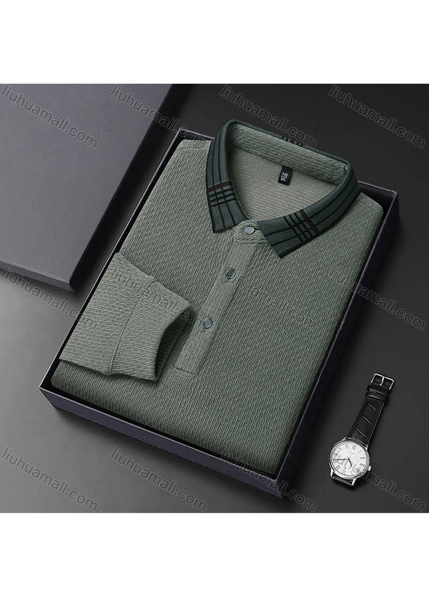 Wholesale Men's Casual Plain Splicing Plaid Button Front Long Sleeve Polo Shirt D-69# - Liuhuamall