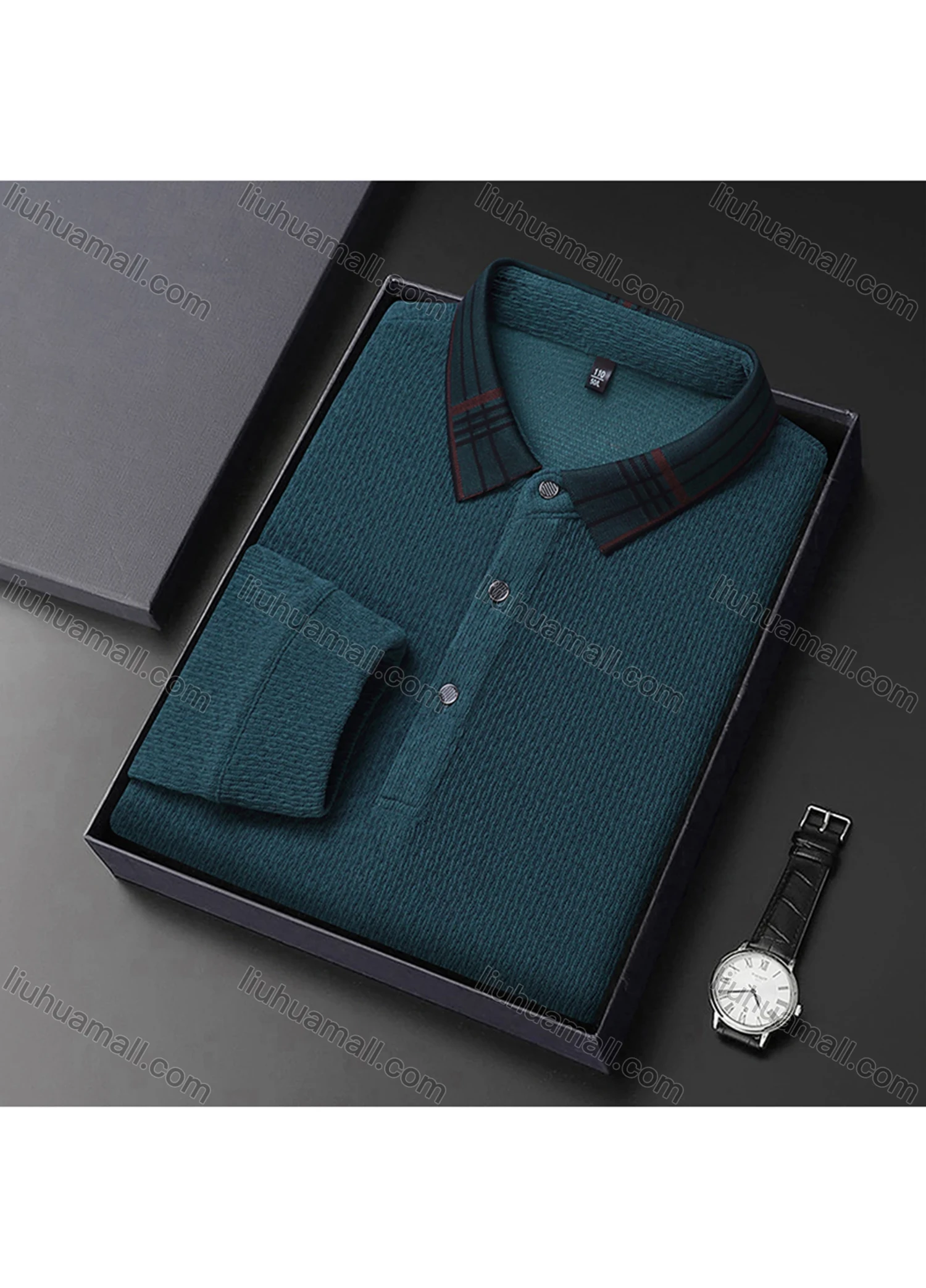 Wholesale Men's Casual Plain Splicing Plaid Button Front Long Sleeve Polo Shirt D-69# - Liuhuamall