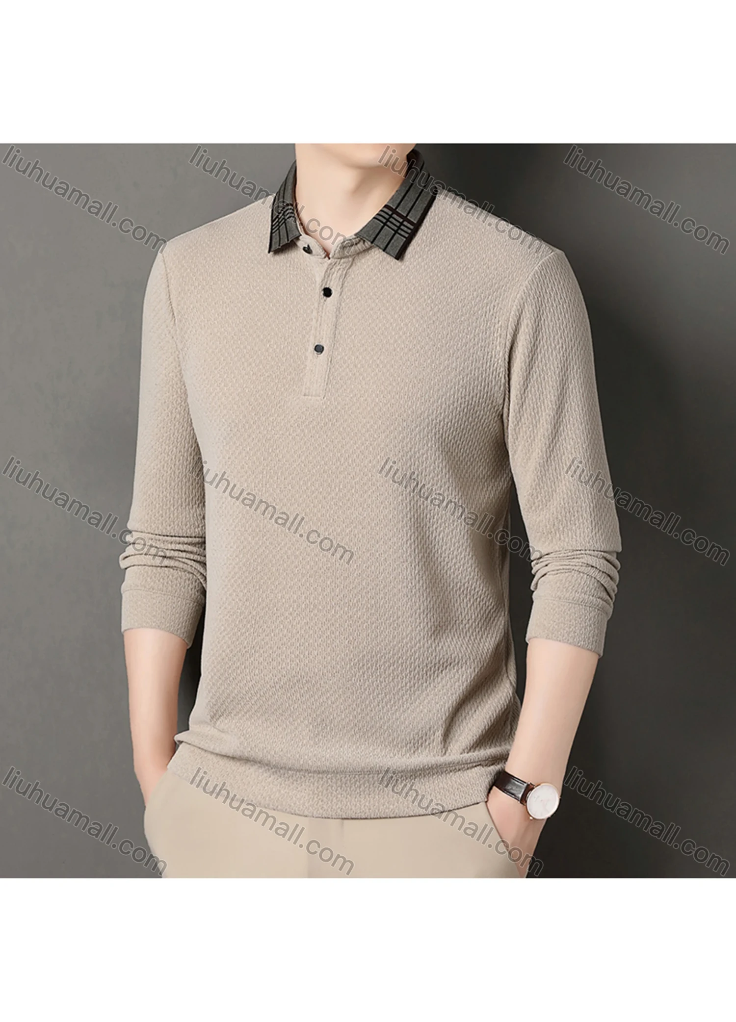 Wholesale Men's Casual Plain Splicing Plaid Button Front Long Sleeve Polo Shirt D-69# - Liuhuamall