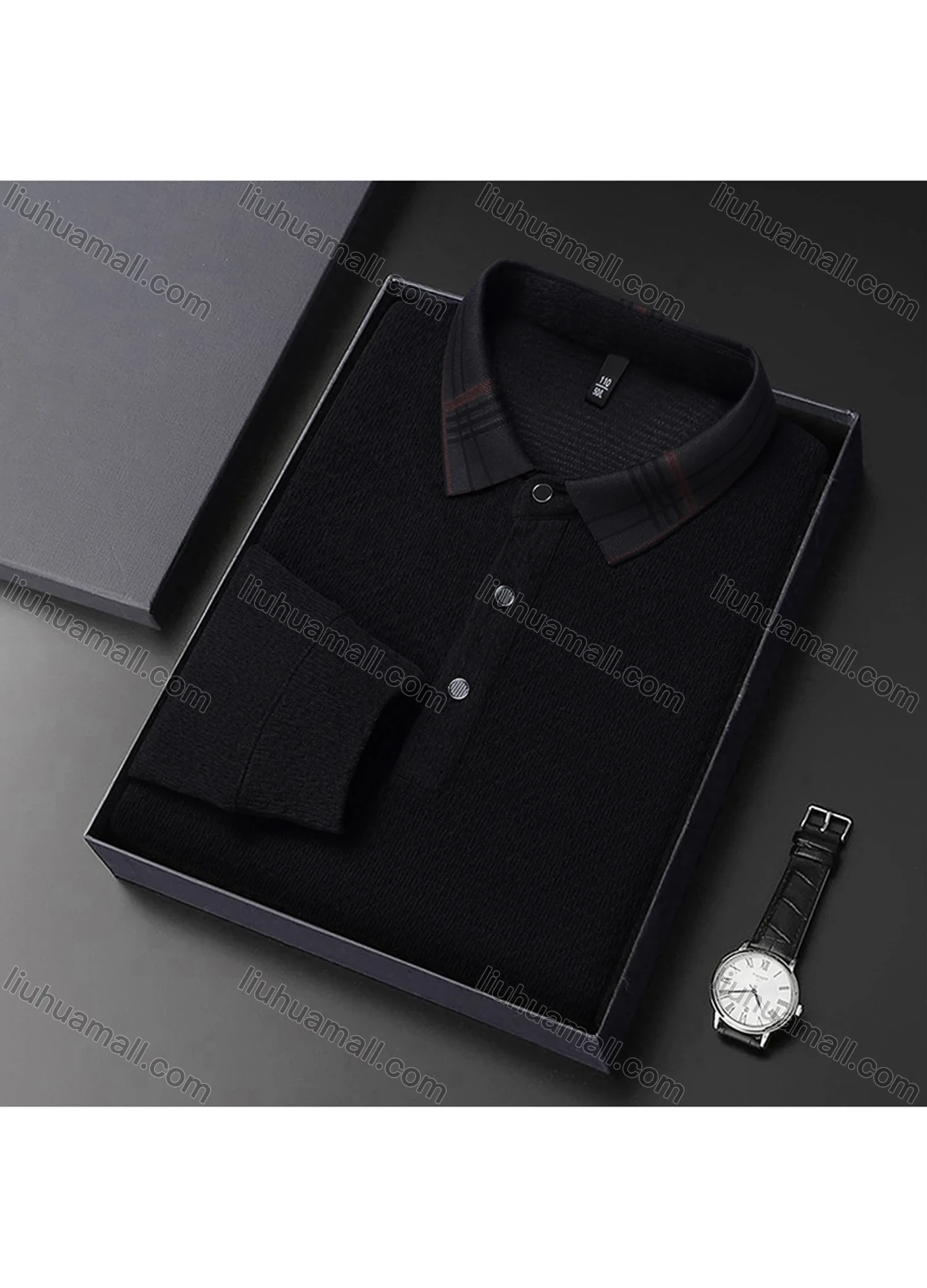 Wholesale Men's Casual Plain Splicing Plaid Button Front Long Sleeve Polo Shirt D-69# - Liuhuamall