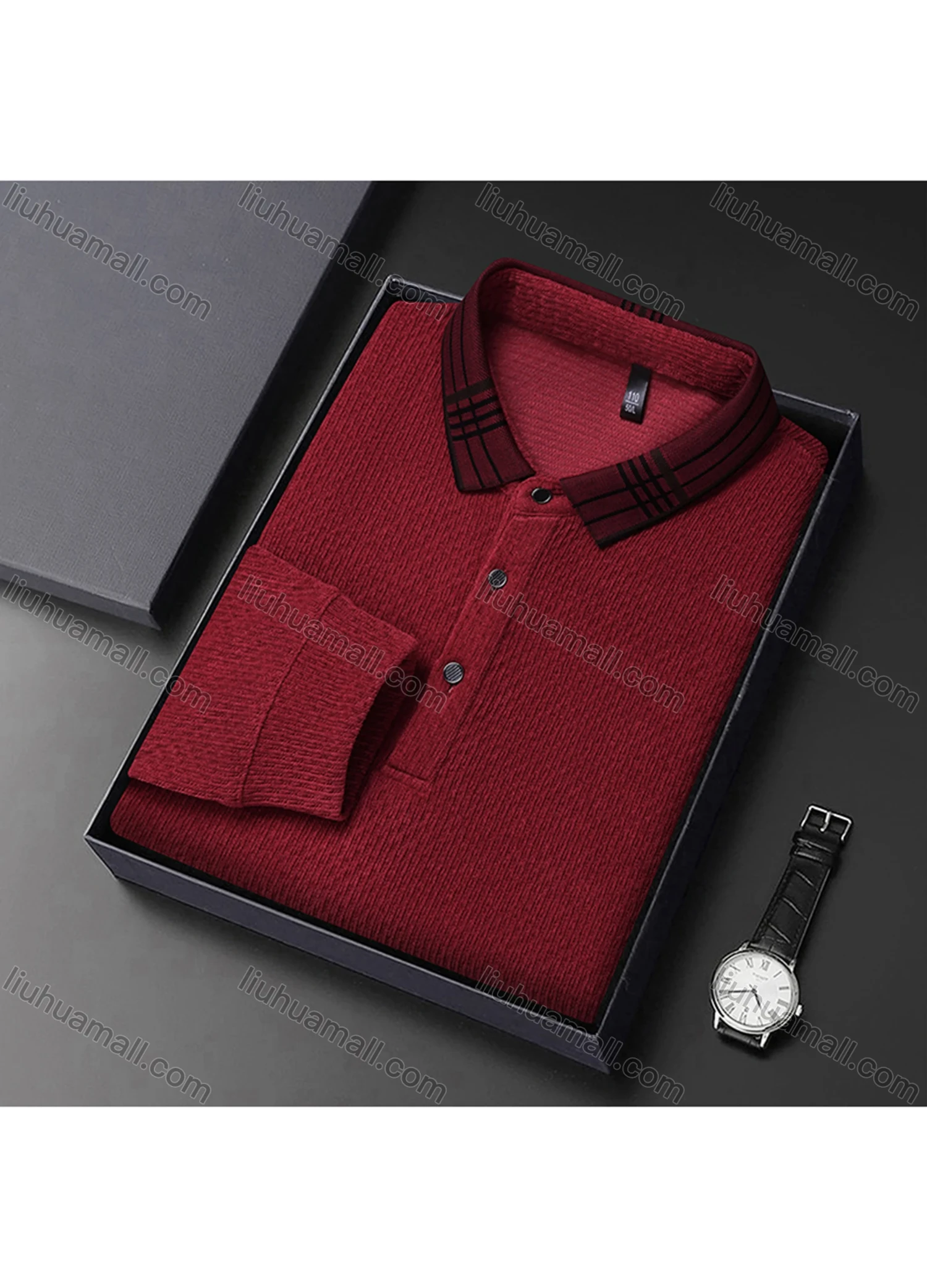 Wholesale Men's Casual Plain Splicing Plaid Button Front Long Sleeve Polo Shirt D-69# - Liuhuamall