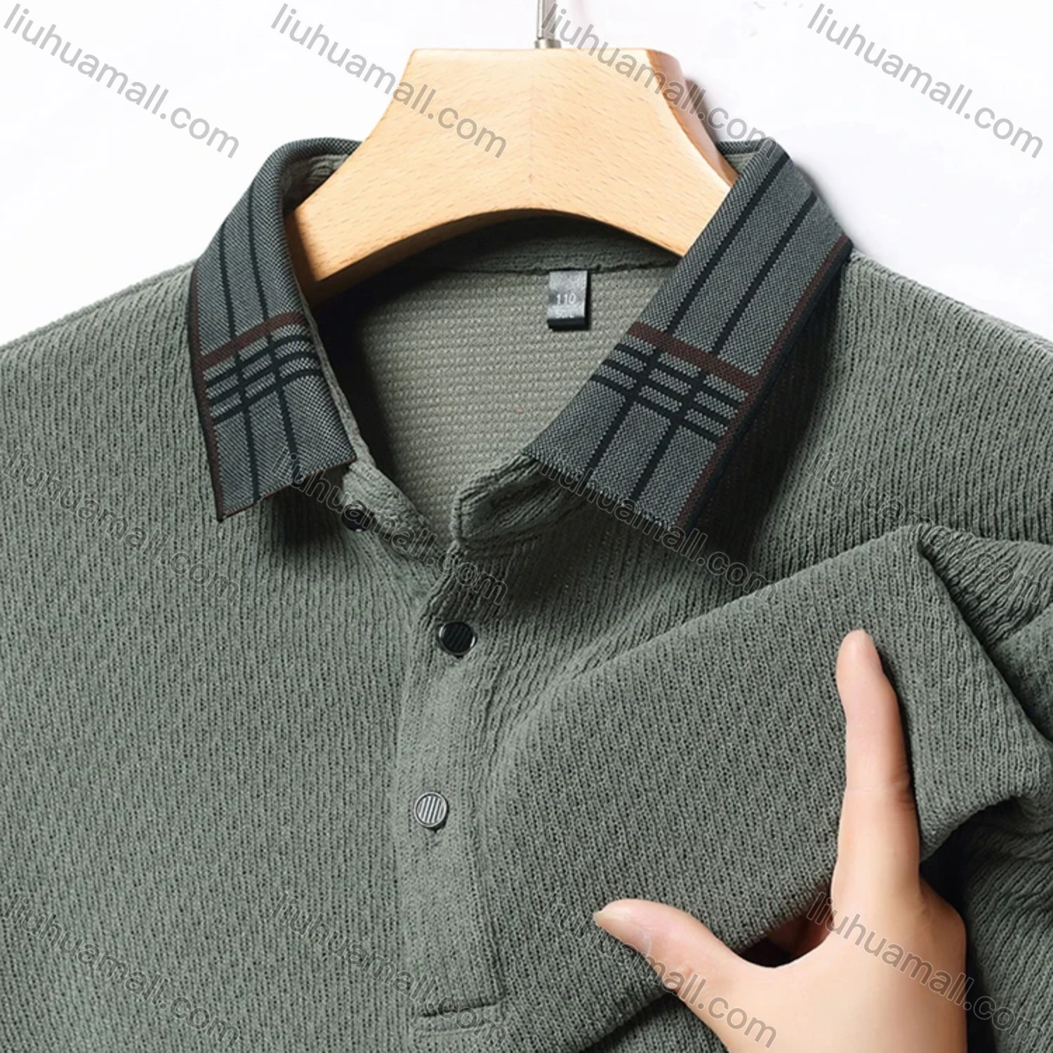 Wholesale Men's Casual Plain Splicing Plaid Button Front Long Sleeve Polo Shirt D-69# - Liuhuamall