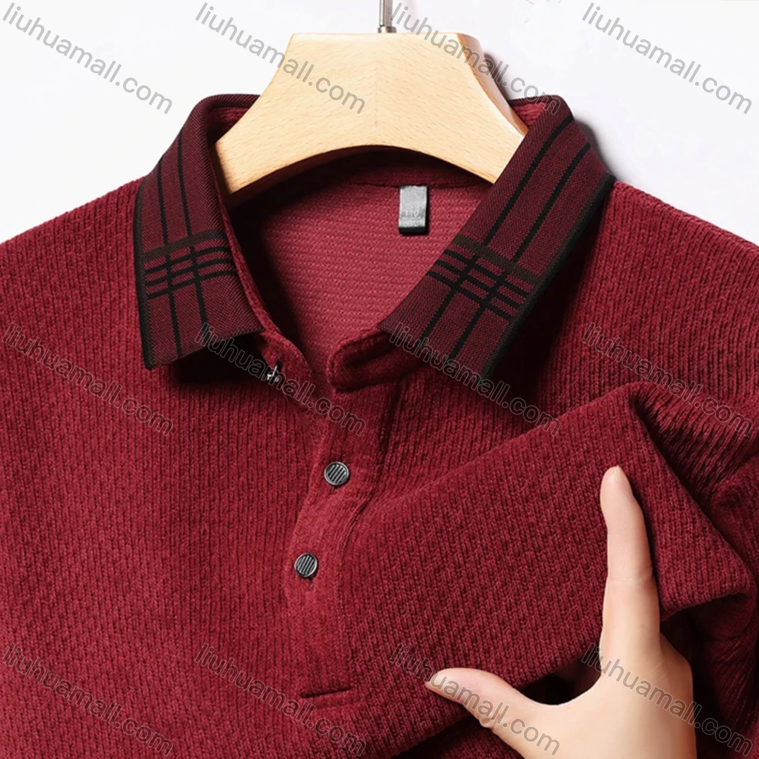 Wholesale Men's Casual Plain Splicing Plaid Button Front Long Sleeve Polo Shirt D-69# - Liuhuamall