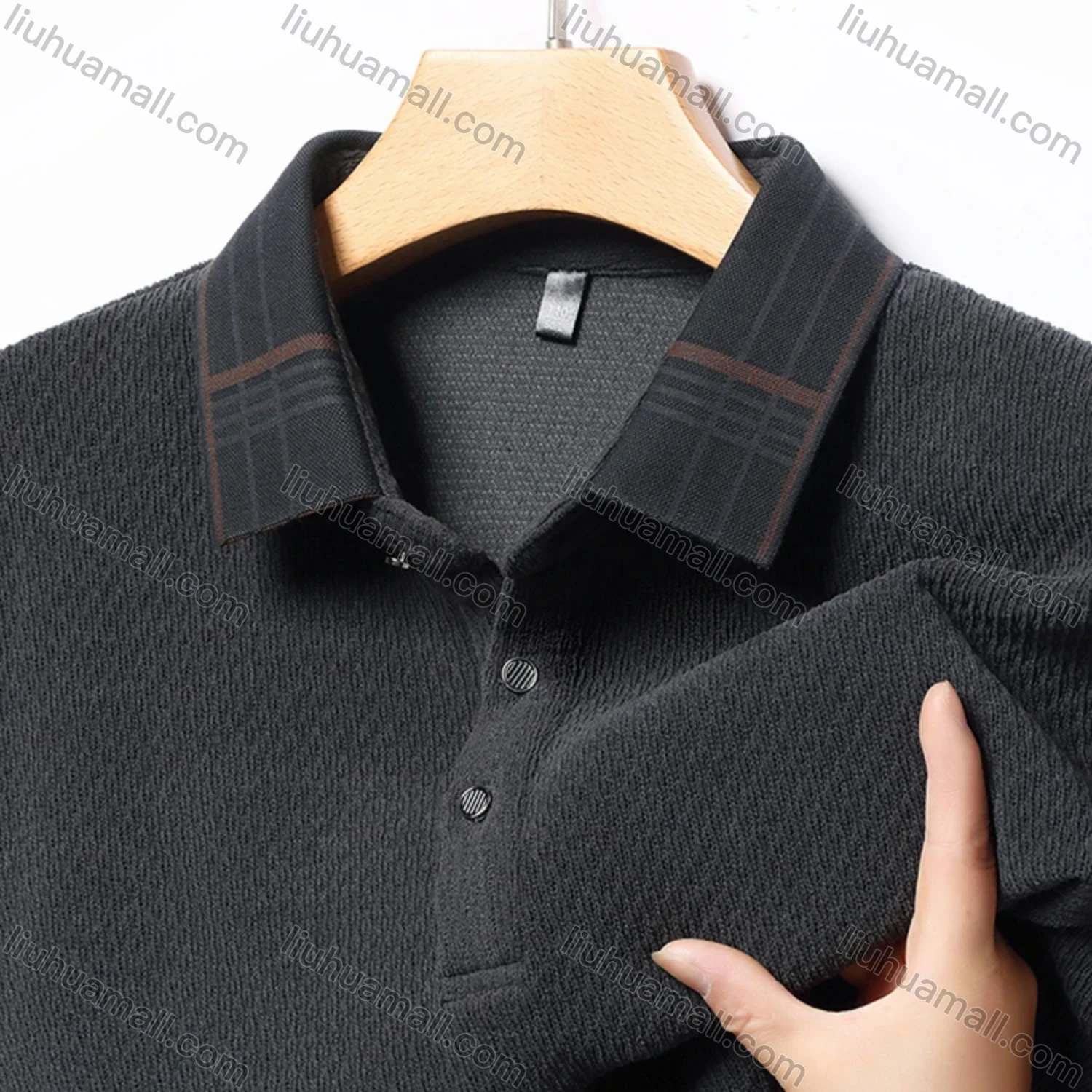Wholesale Men's Casual Plain Splicing Plaid Button Front Long Sleeve Polo Shirt D-69# - Liuhuamall
