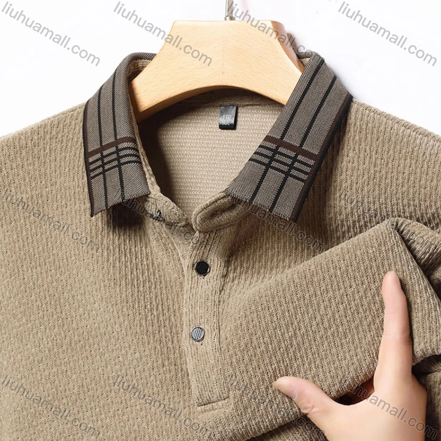 Wholesale Men's Casual Plain Splicing Plaid Button Front Long Sleeve Polo Shirt D-69# - Liuhuamall