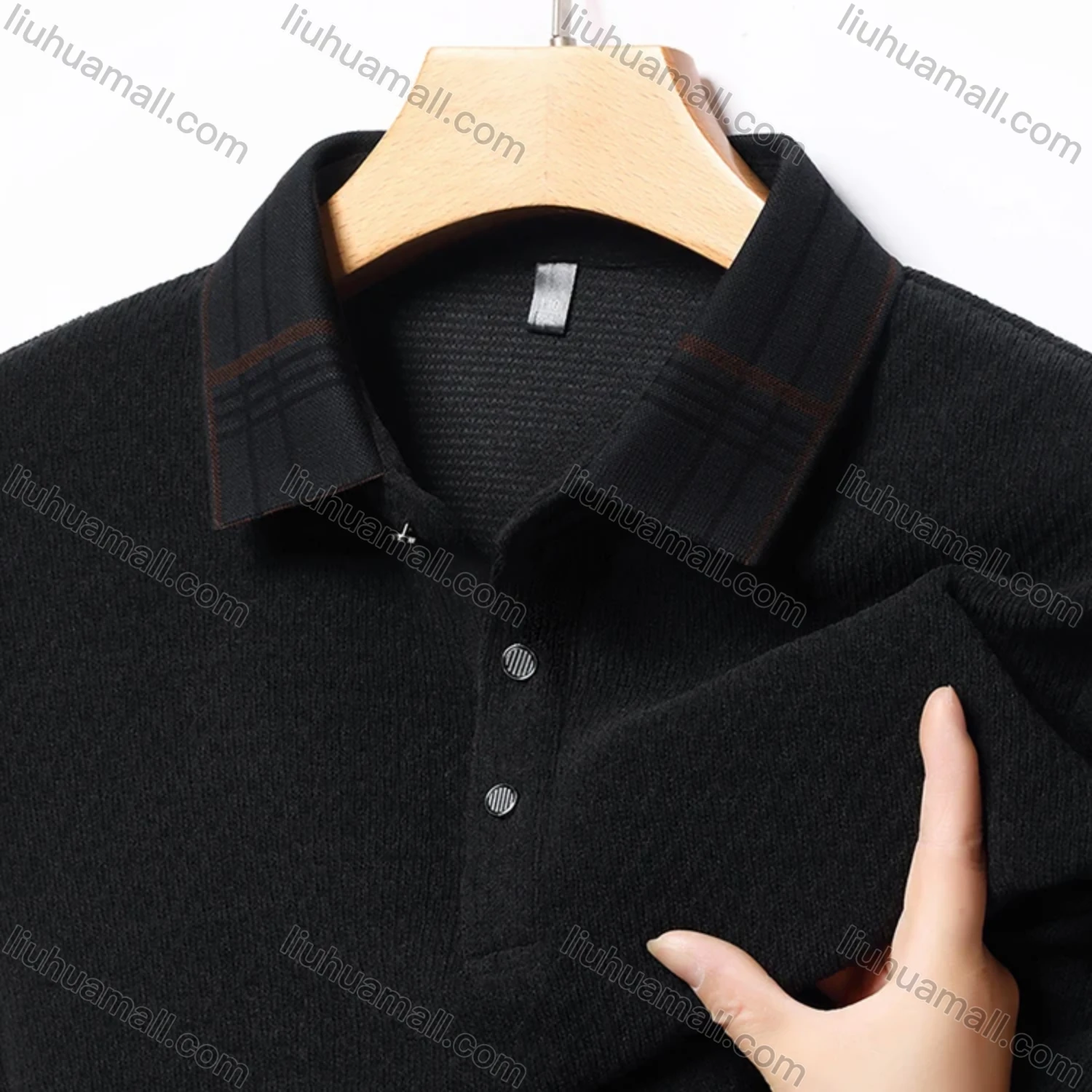 Wholesale Men's Casual Plain Splicing Plaid Button Front Long Sleeve Polo Shirt D-69# - Liuhuamall