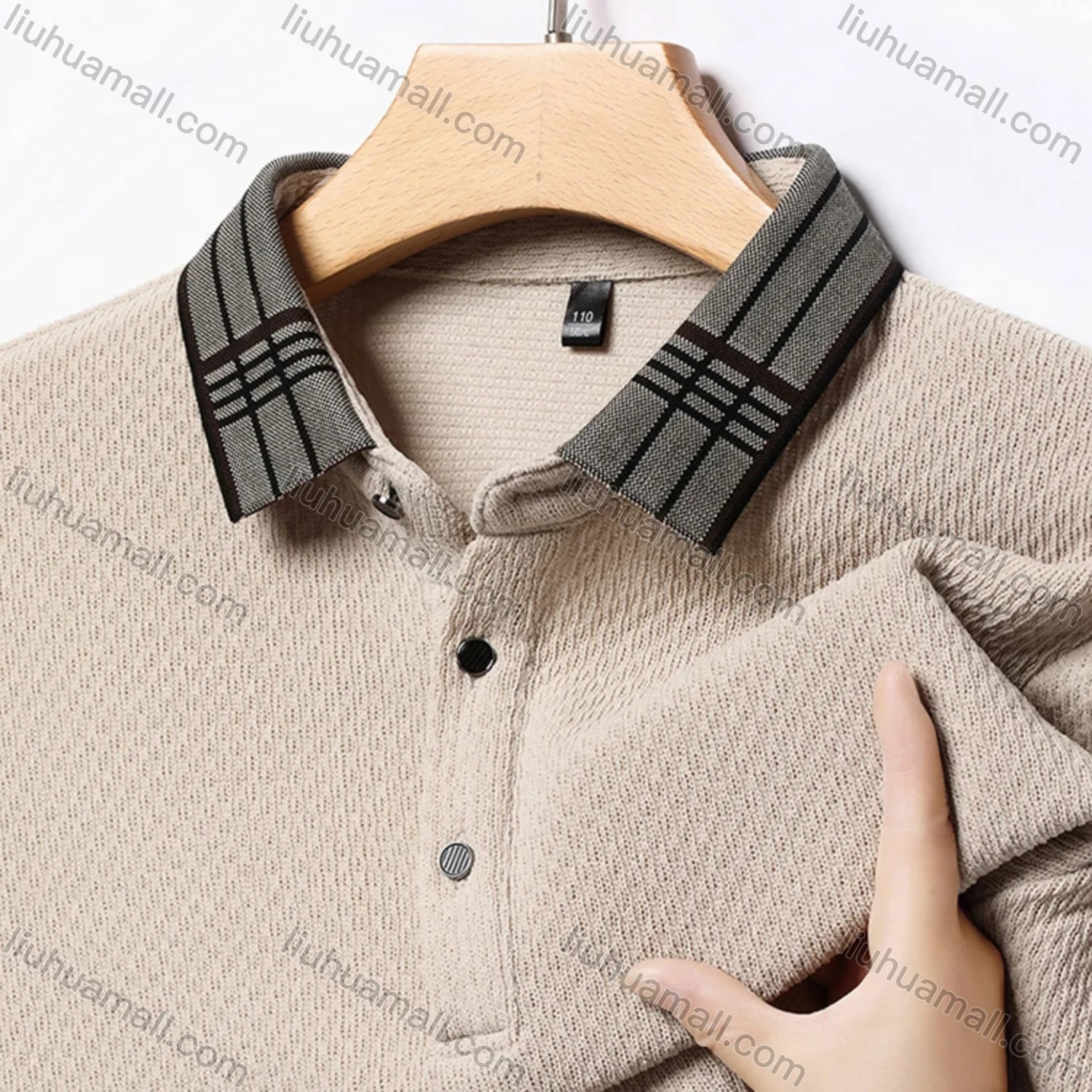 Wholesale Men's Casual Plain Splicing Plaid Button Front Long Sleeve Polo Shirt D-69# - Liuhuamall