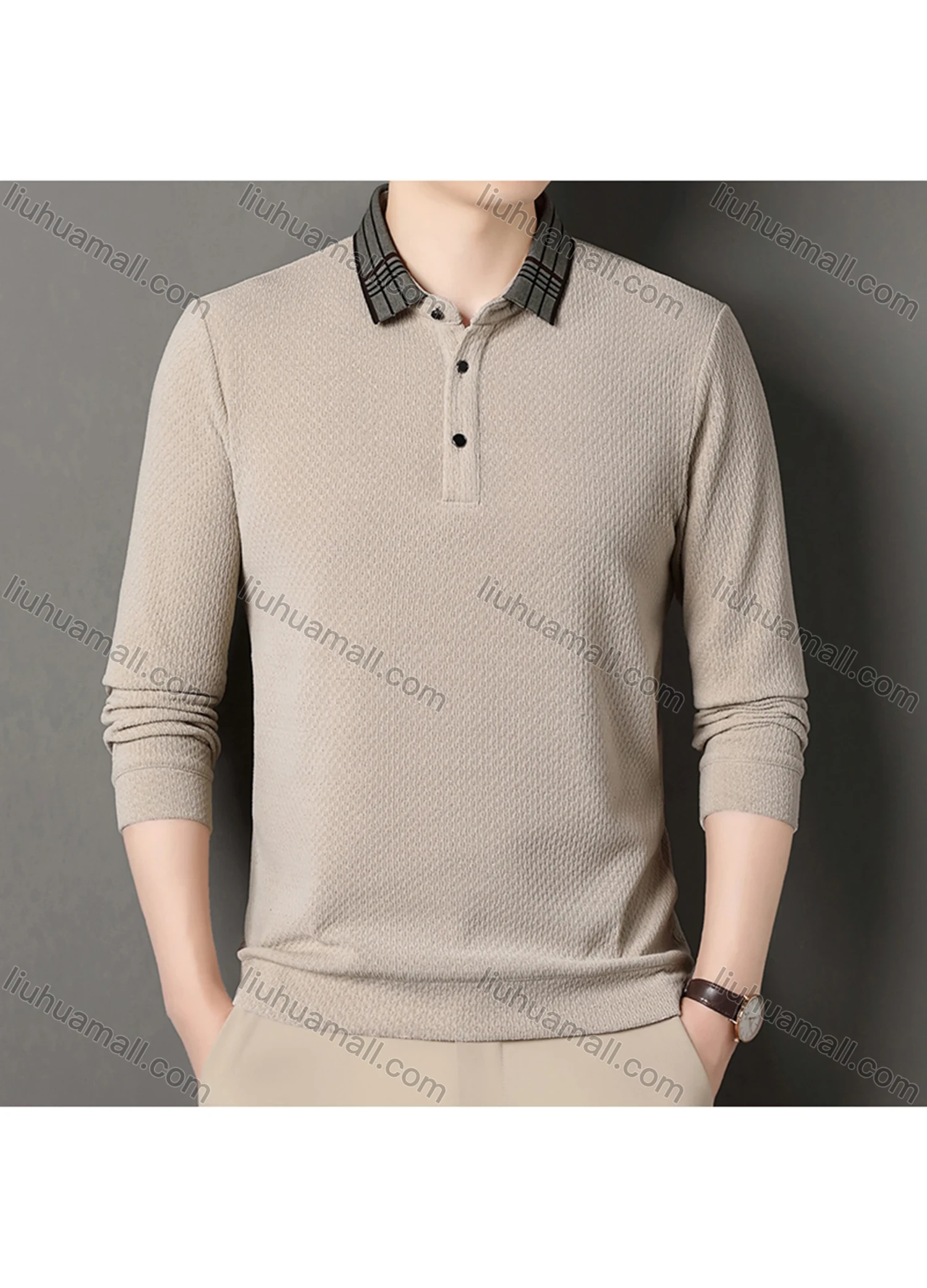 Wholesale Men's Casual Plain Splicing Plaid Button Front Long Sleeve Polo Shirt D-69# - Liuhuamall