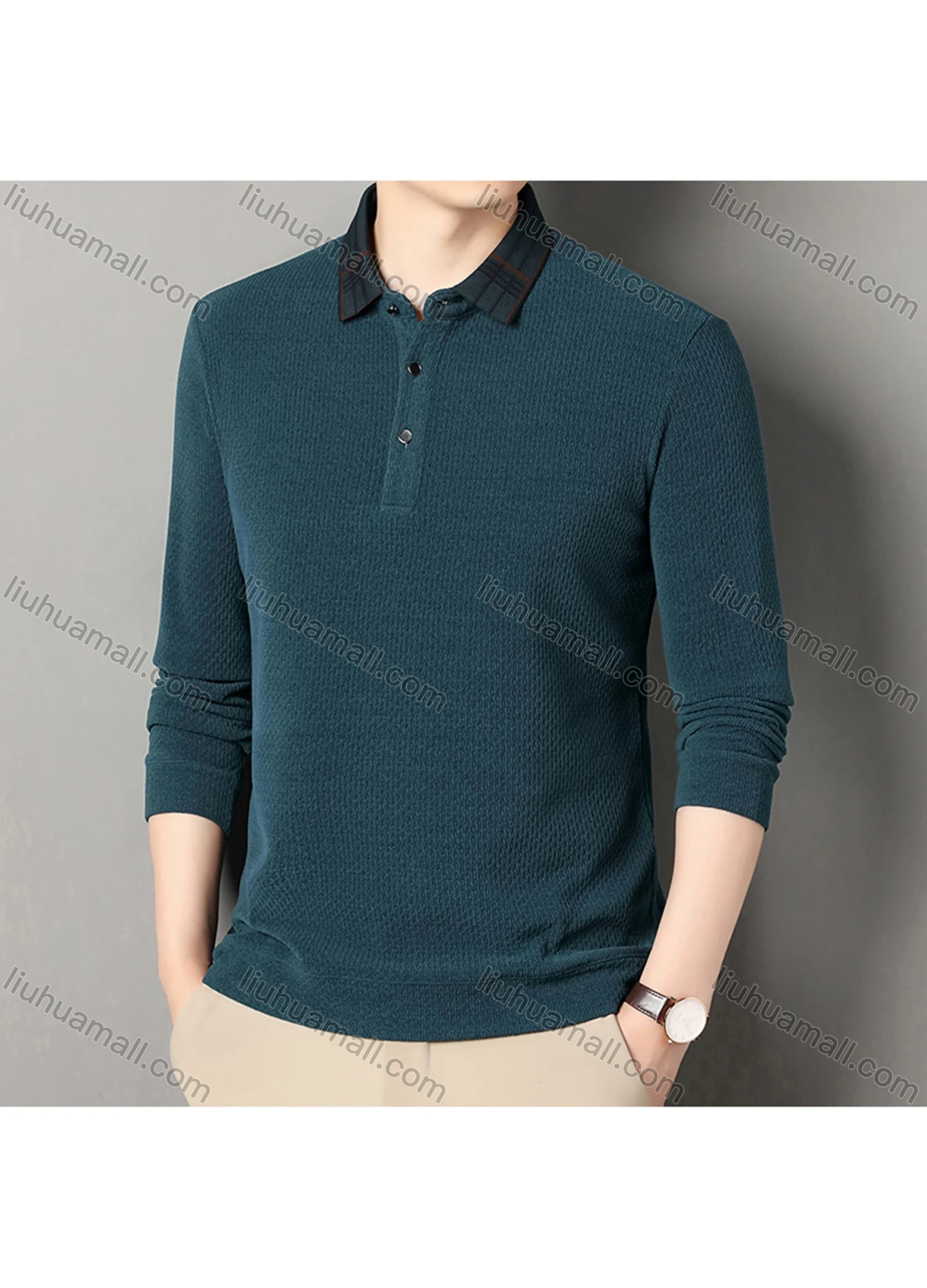 Wholesale Men's Casual Plain Splicing Plaid Button Front Long Sleeve Polo Shirt D-69# - Liuhuamall
