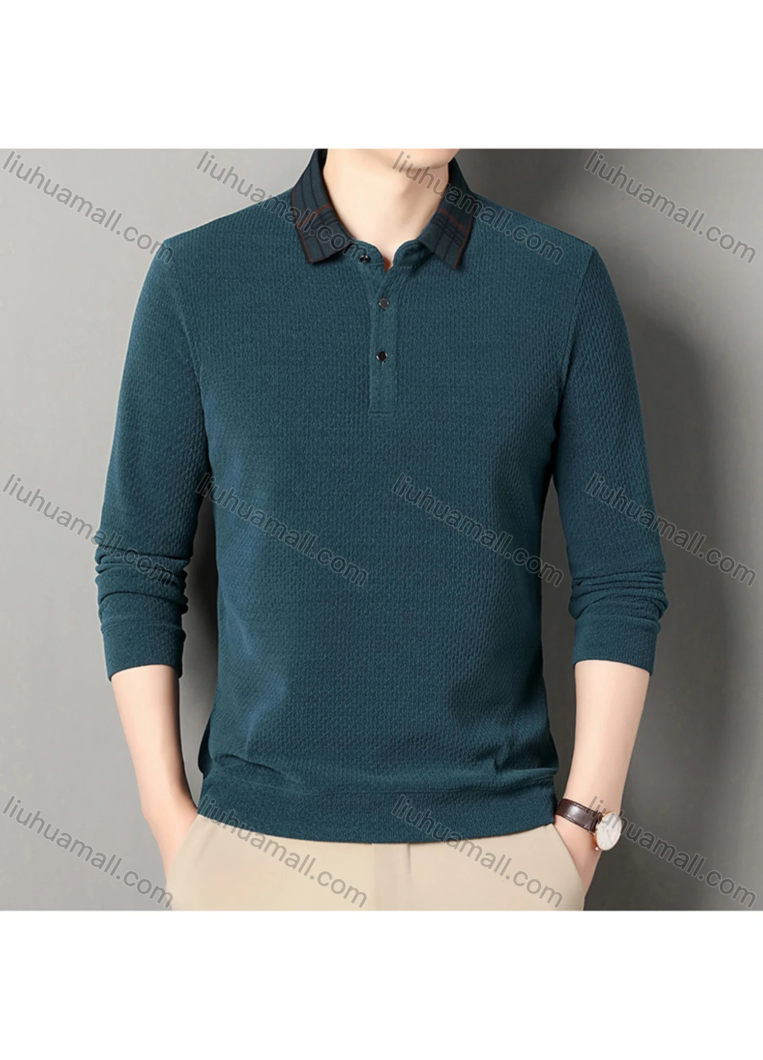 Wholesale Men's Casual Plain Splicing Plaid Button Front Long Sleeve Polo Shirt D-69# - Liuhuamall