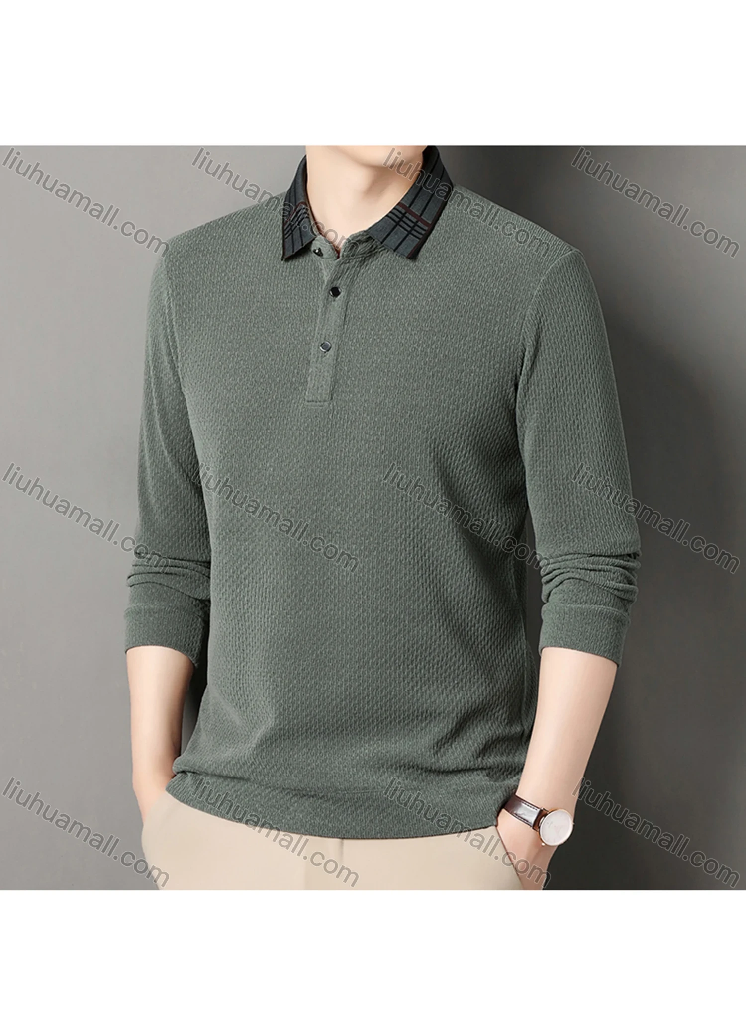 Wholesale Men's Casual Plain Splicing Plaid Button Front Long Sleeve Polo Shirt D-69# - Liuhuamall