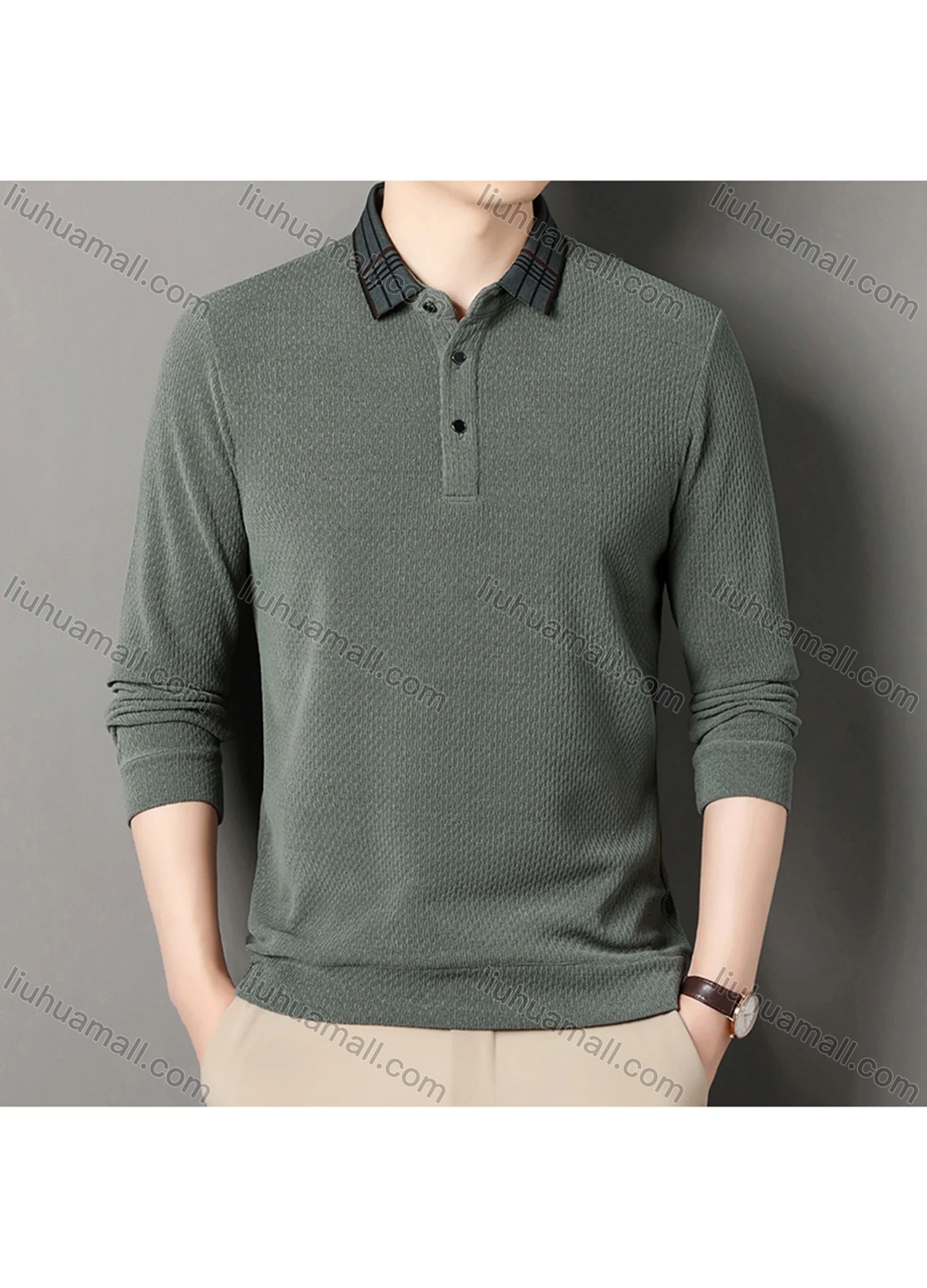 Wholesale Men's Casual Plain Splicing Plaid Button Front Long Sleeve Polo Shirt D-69# - Liuhuamall