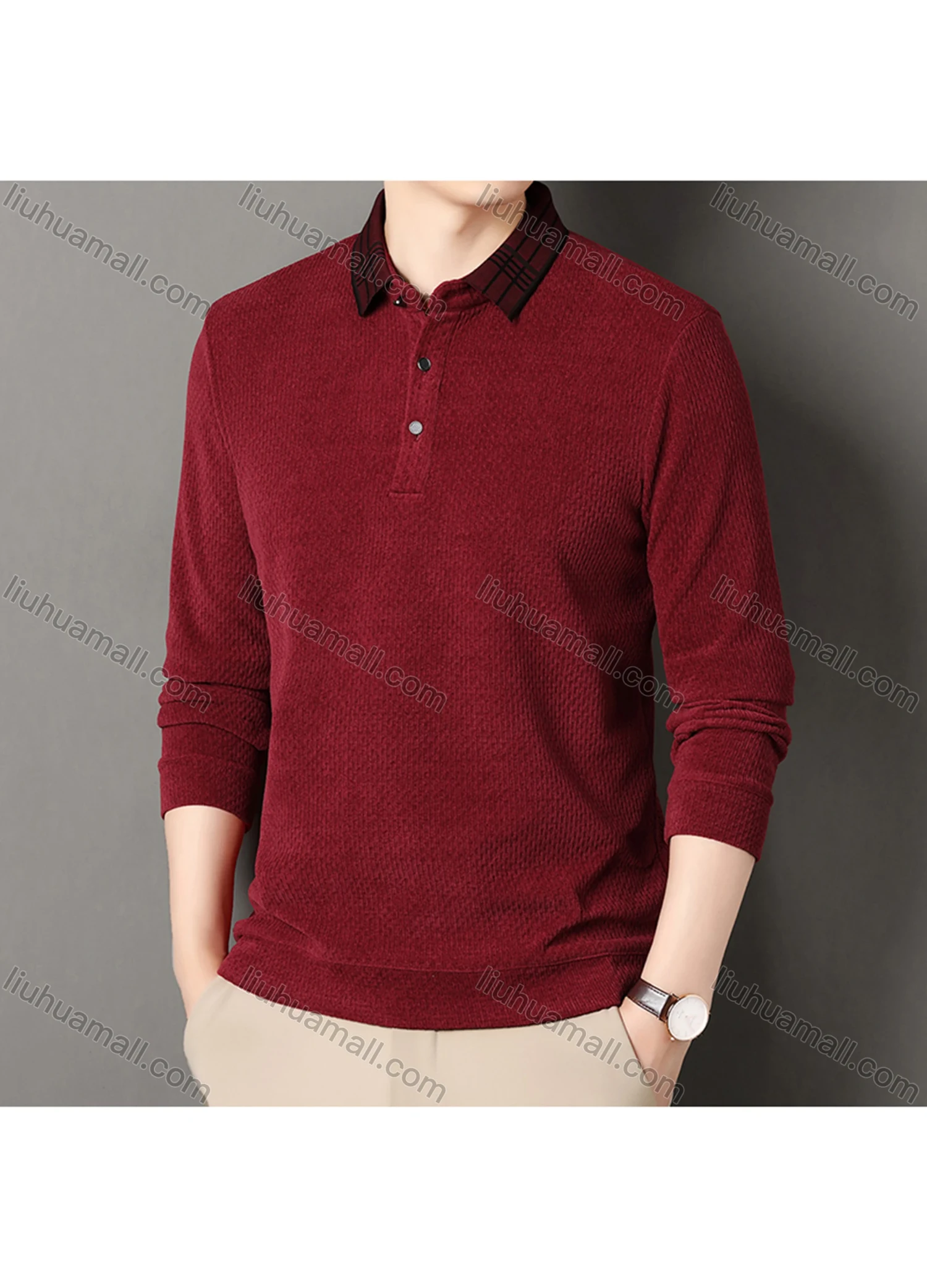 Wholesale Men's Casual Plain Splicing Plaid Button Front Long Sleeve Polo Shirt D-69# - Liuhuamall