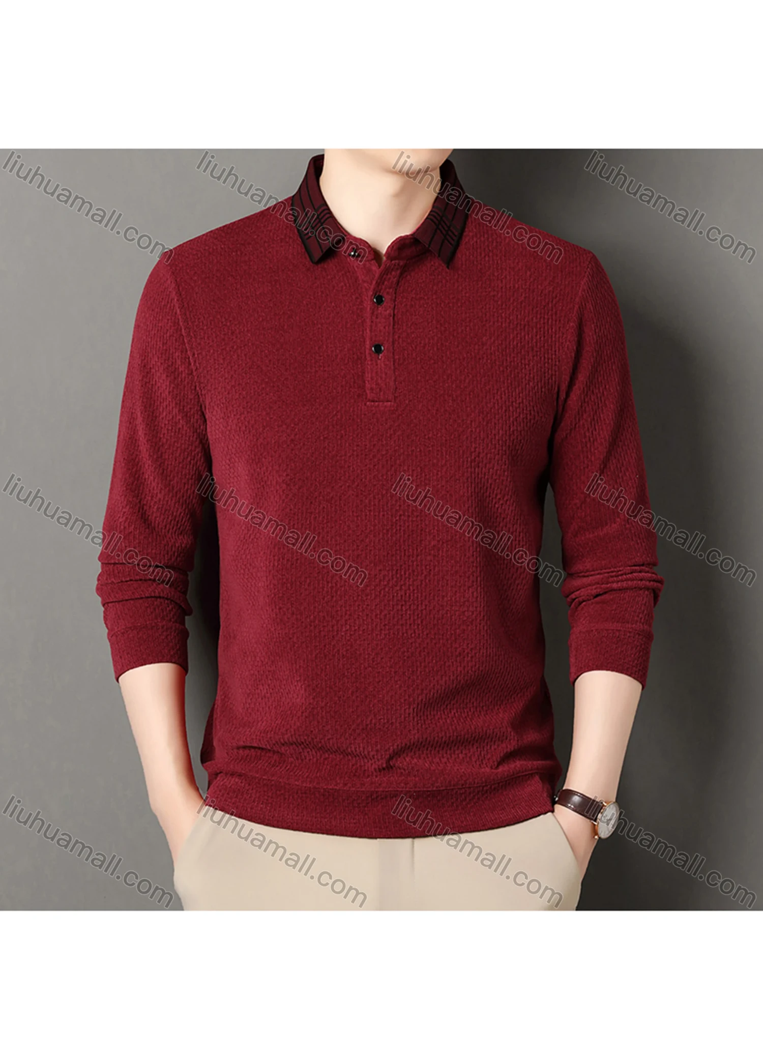 Wholesale Men's Casual Plain Splicing Plaid Button Front Long Sleeve Polo Shirt D-69# - Liuhuamall