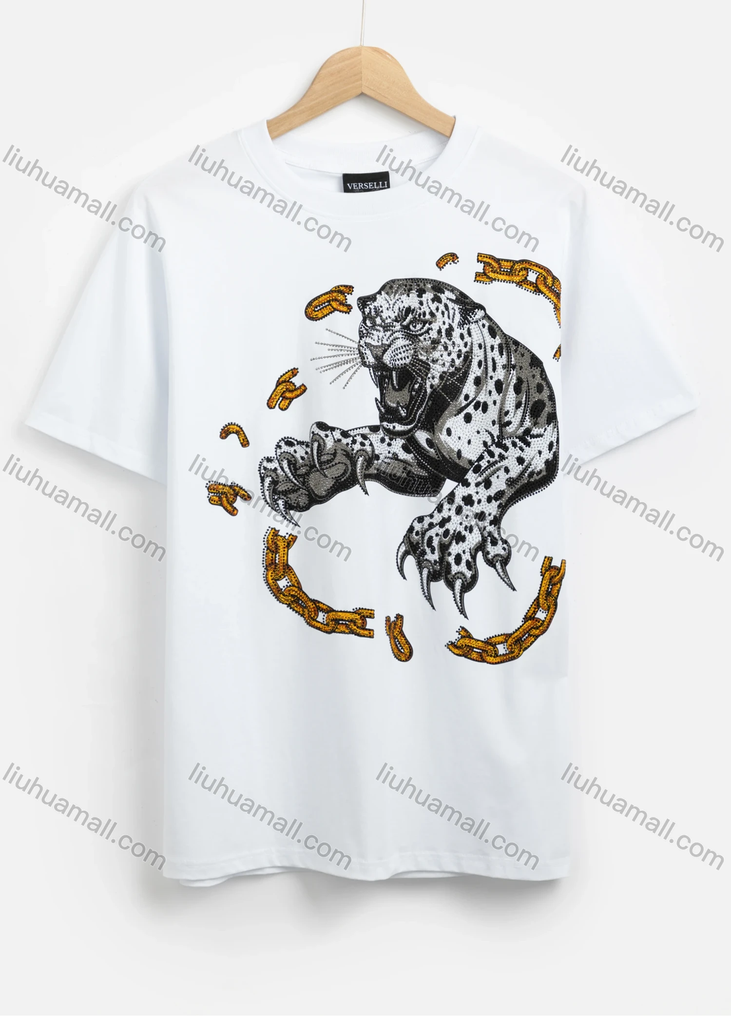 Wholesale Men's Chain Cheetah Print Round Neck Short Sleeve Casual T-Shirt 26# - Liuhuamall